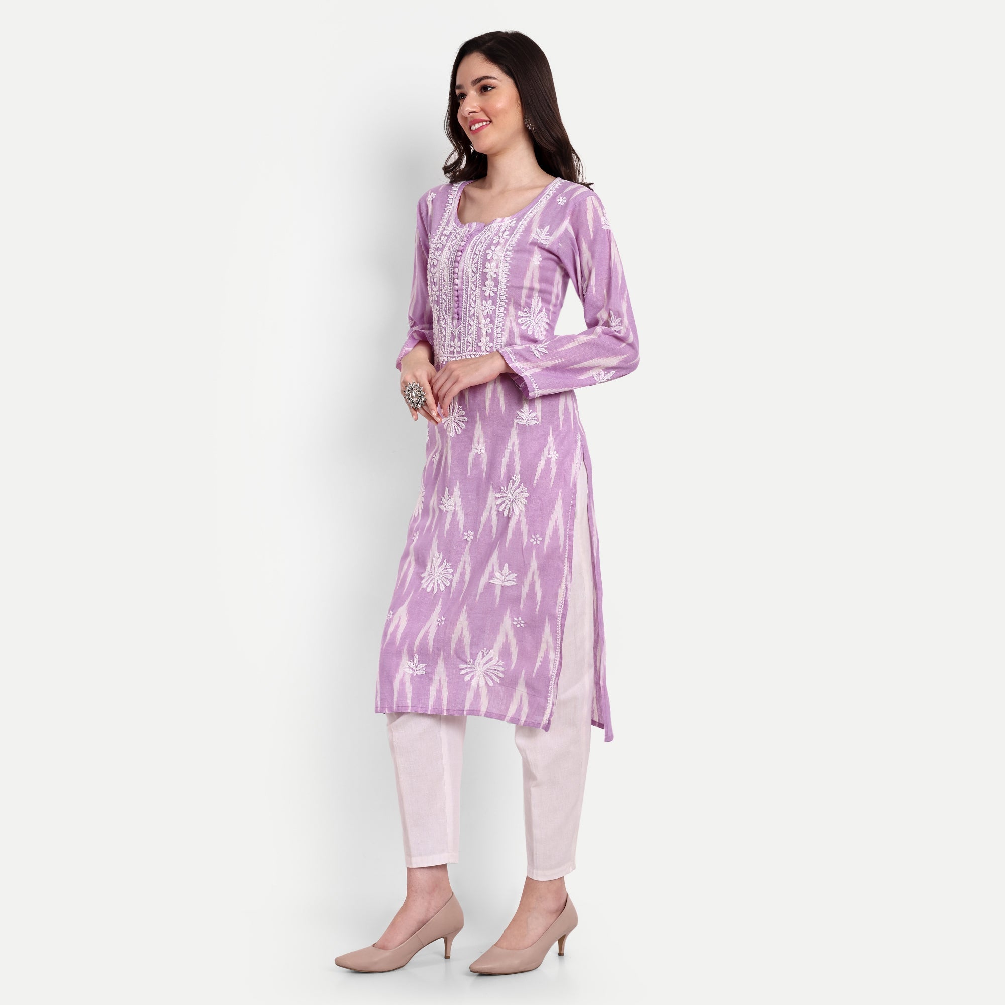 Lucknow Chikankari Hand Embroidered Kurta Ikat Cotton - Indiankala4u