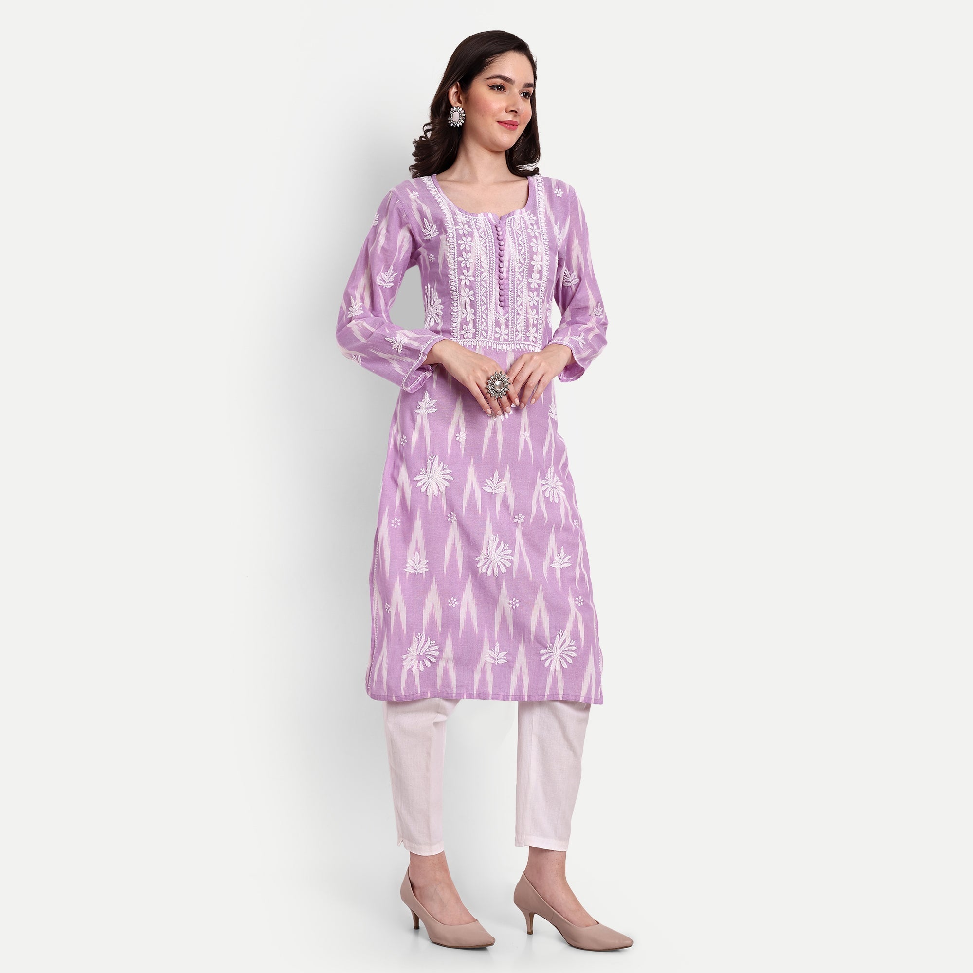 Lucknow Chikankari Hand Embroidered Kurta Ikat Cotton - Indiankala4u