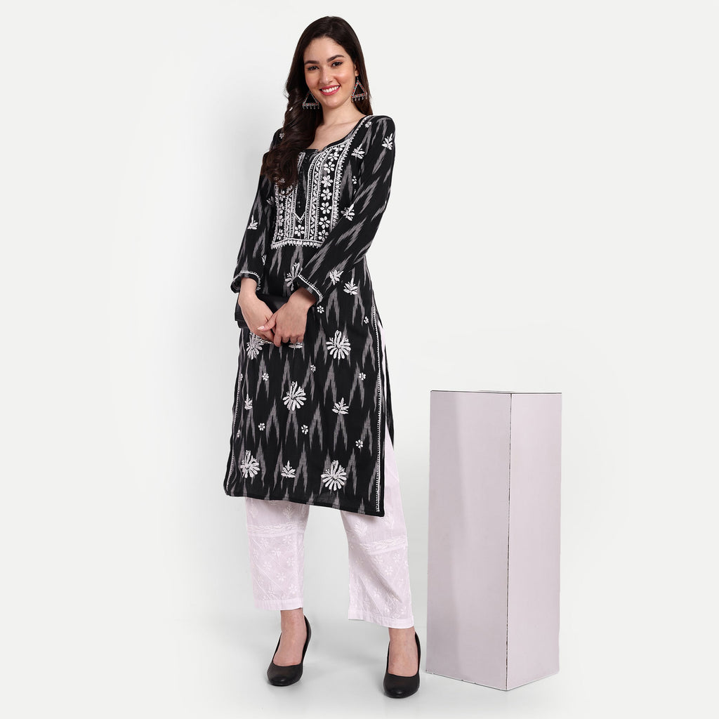 Lucknow Chikankari Hand Embroidered Kurta Ikat Cotton - Indiankala4u