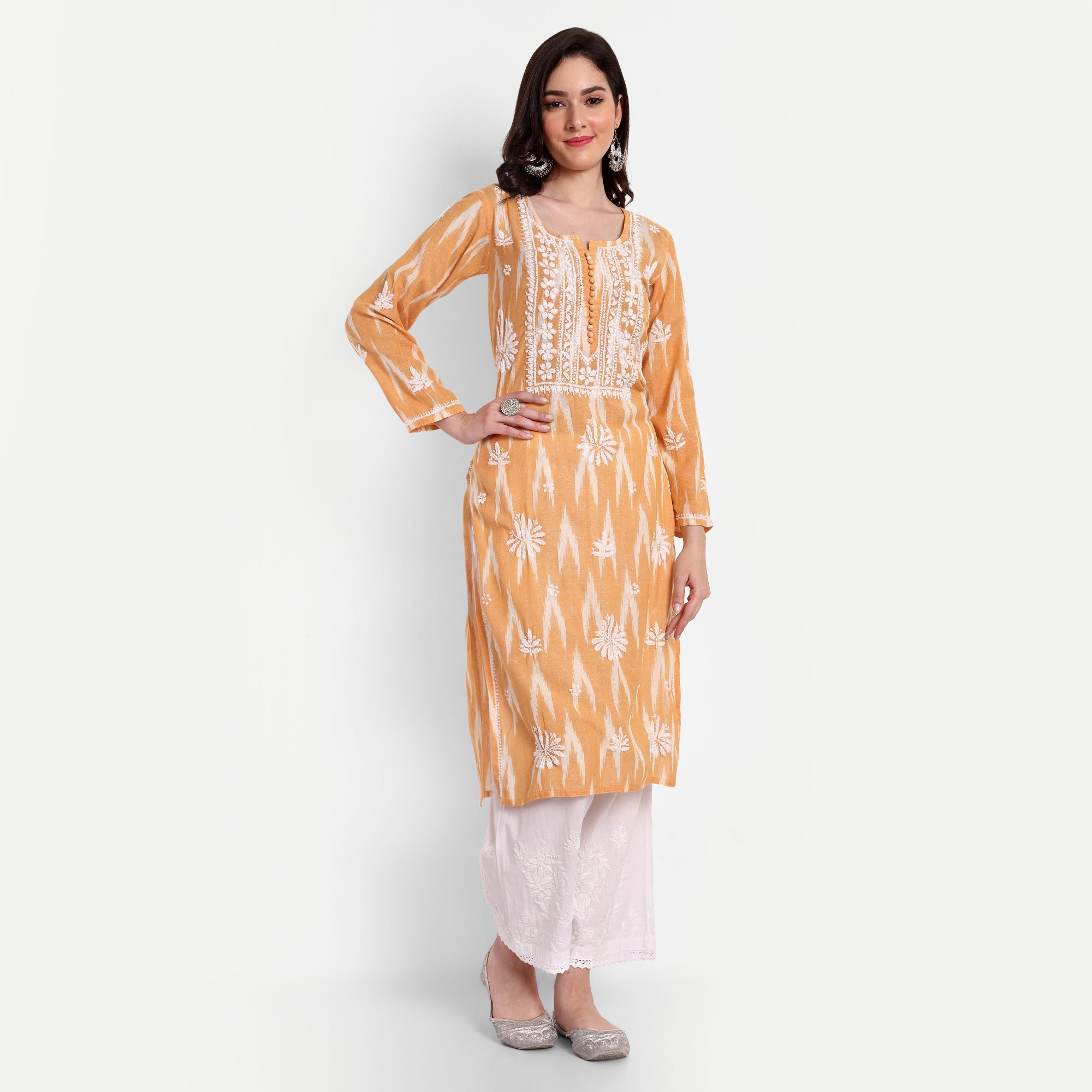 Lucknow Chikankari Hand Embroidered Kurta Ikat Cotton - Indiankala4u