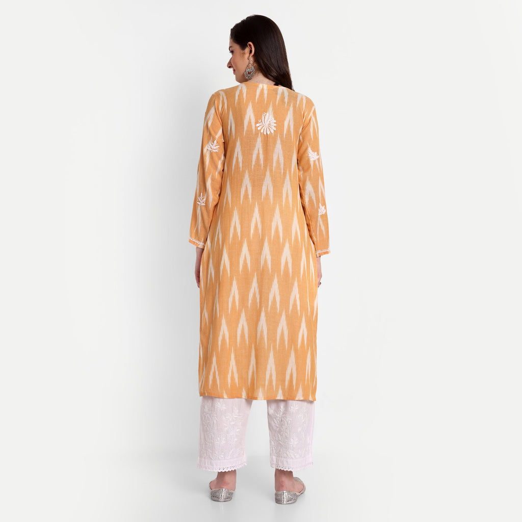 Lucknow Chikankari Hand Embroidered Kurta Ikat Cotton - Indiankala4u