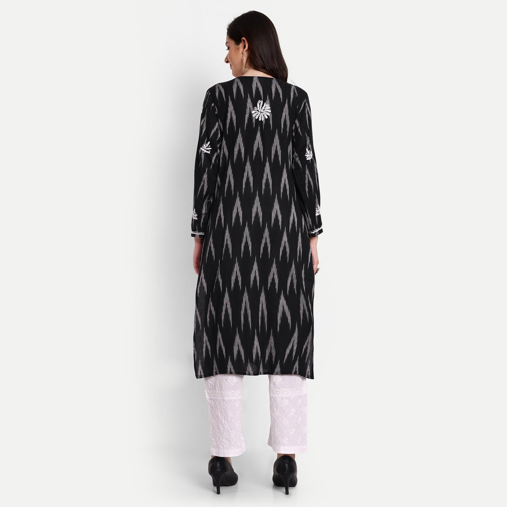 Lucknow Chikankari Hand Embroidered Kurta Ikat Cotton - Indiankala4u