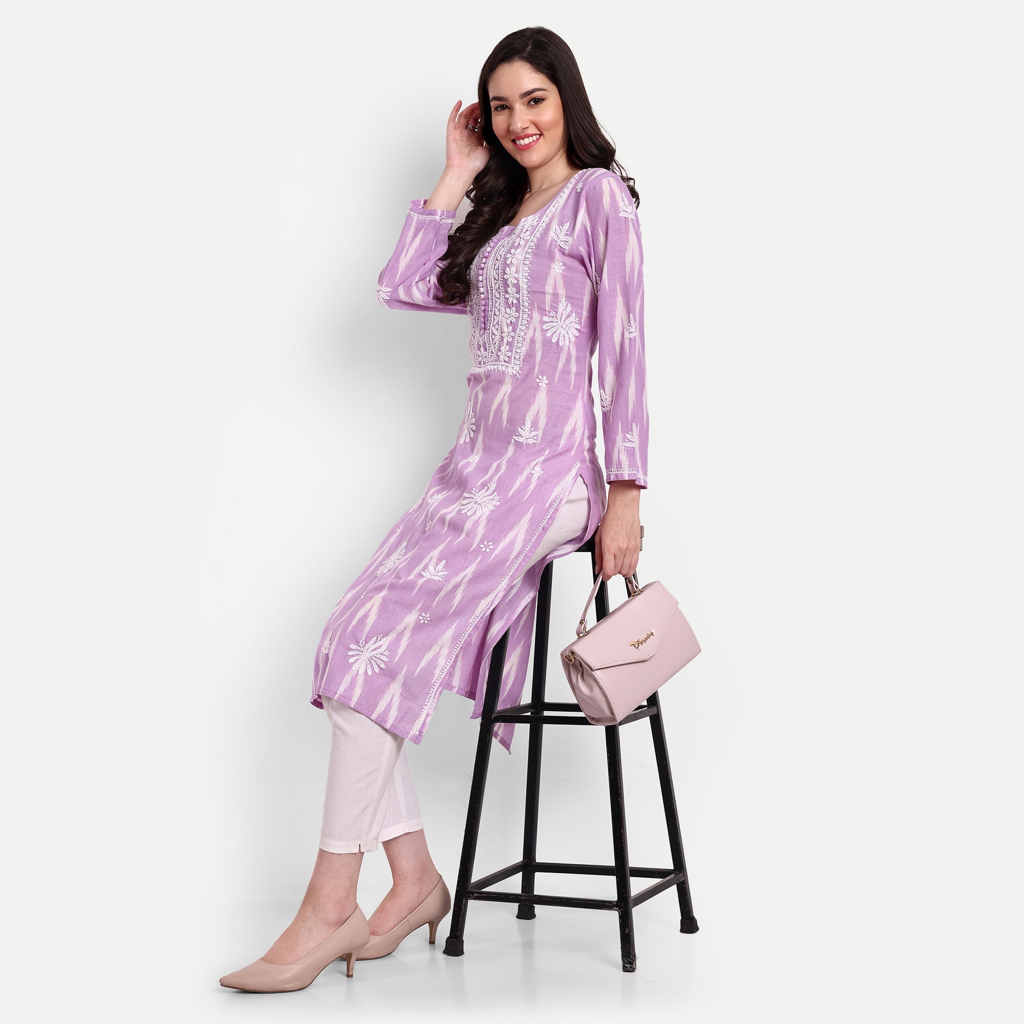 Lucknow Chikankari Hand Embroidered Kurta Ikat Cotton - Indiankala4u