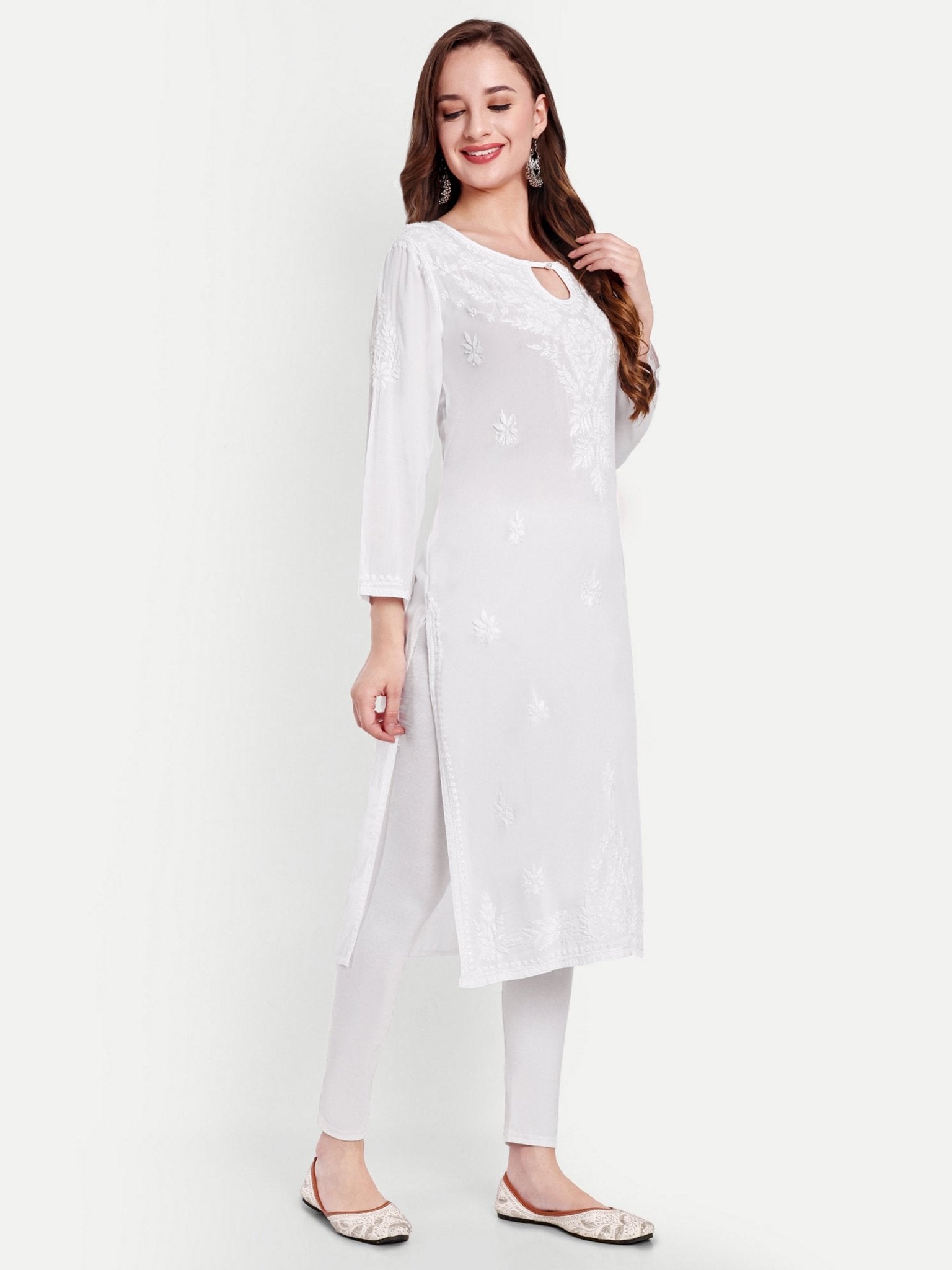 Lucknow Chikankari Hand Embroidered Kurta Modal Cotton - Indiankala4u