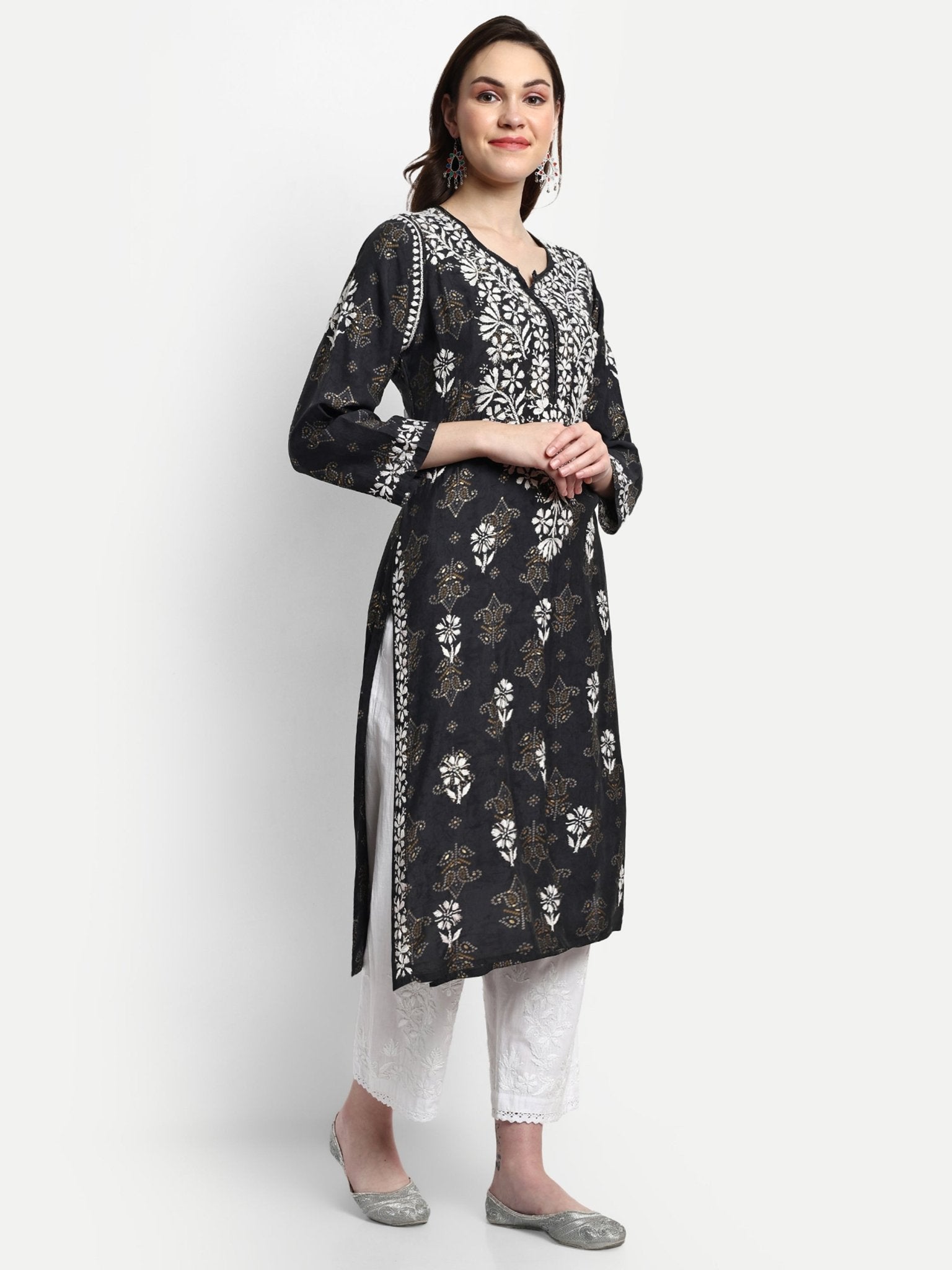 Lucknow Chikankari Hand Embroidered Kurta Muslin - Indiankala4u