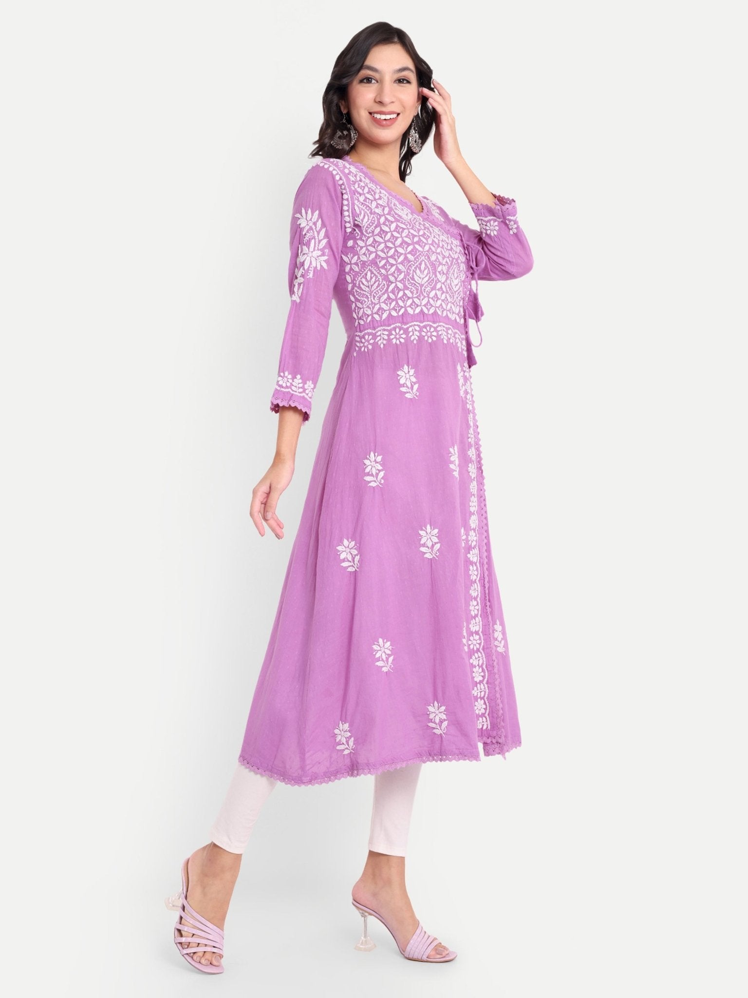 Lucknow Chikankari Hand Embroidered Kurta Sri Rambooti Cotton - Indiankala4u