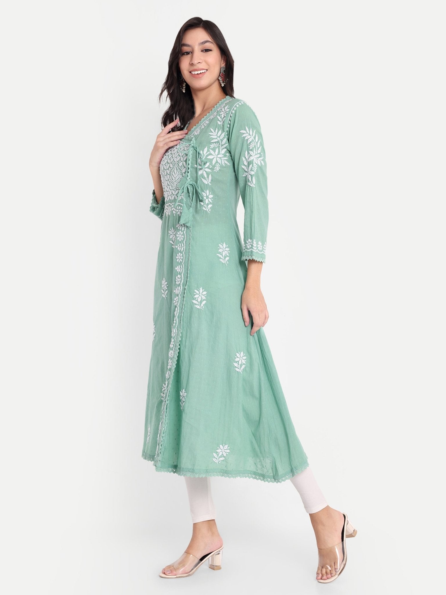 Lucknow Chikankari Hand Embroidered Kurta Sri Rambooti Cotton - Indiankala4u