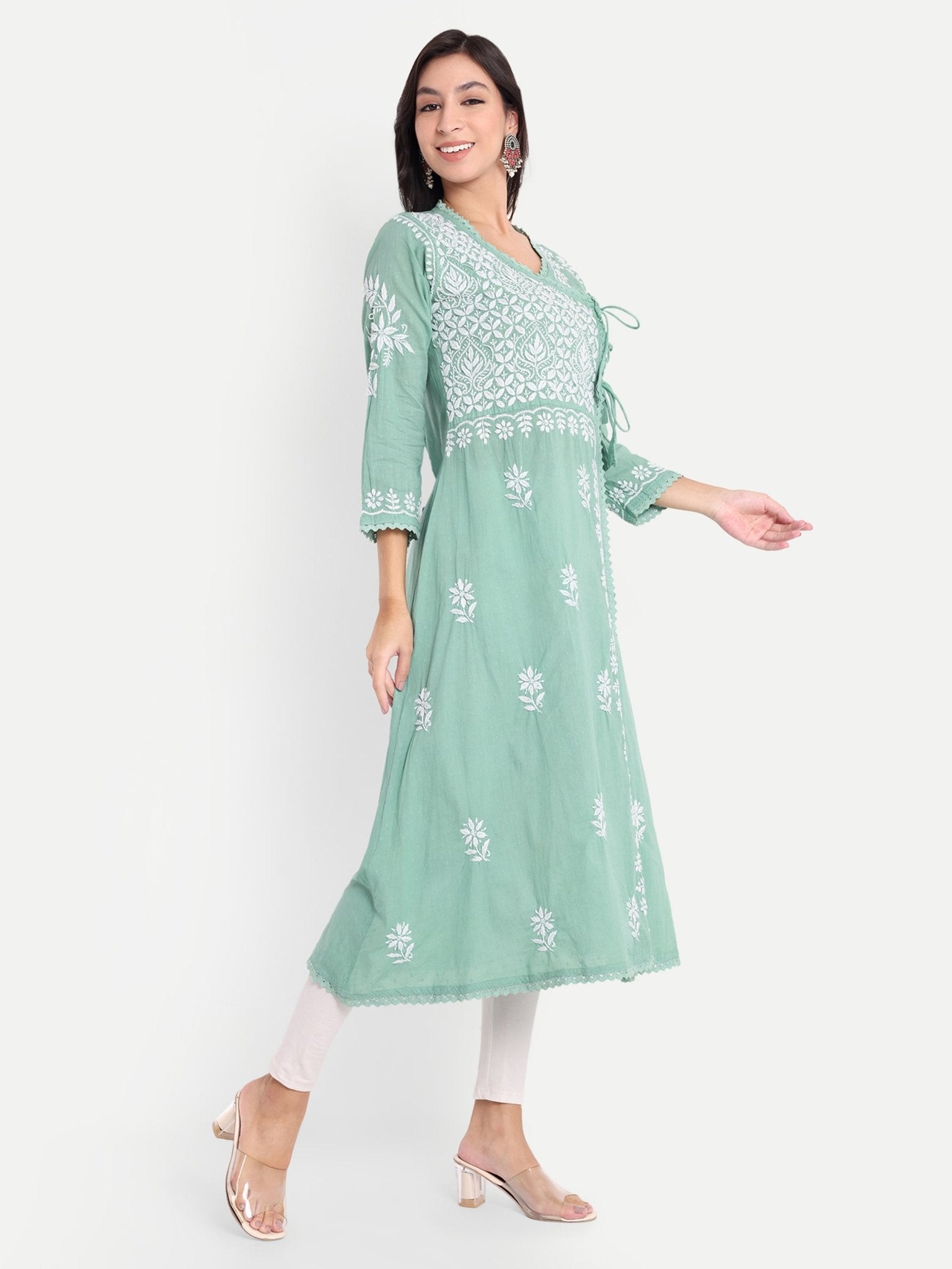 Lucknow Chikankari Hand Embroidered Kurta Sri Rambooti Cotton - Indiankala4u