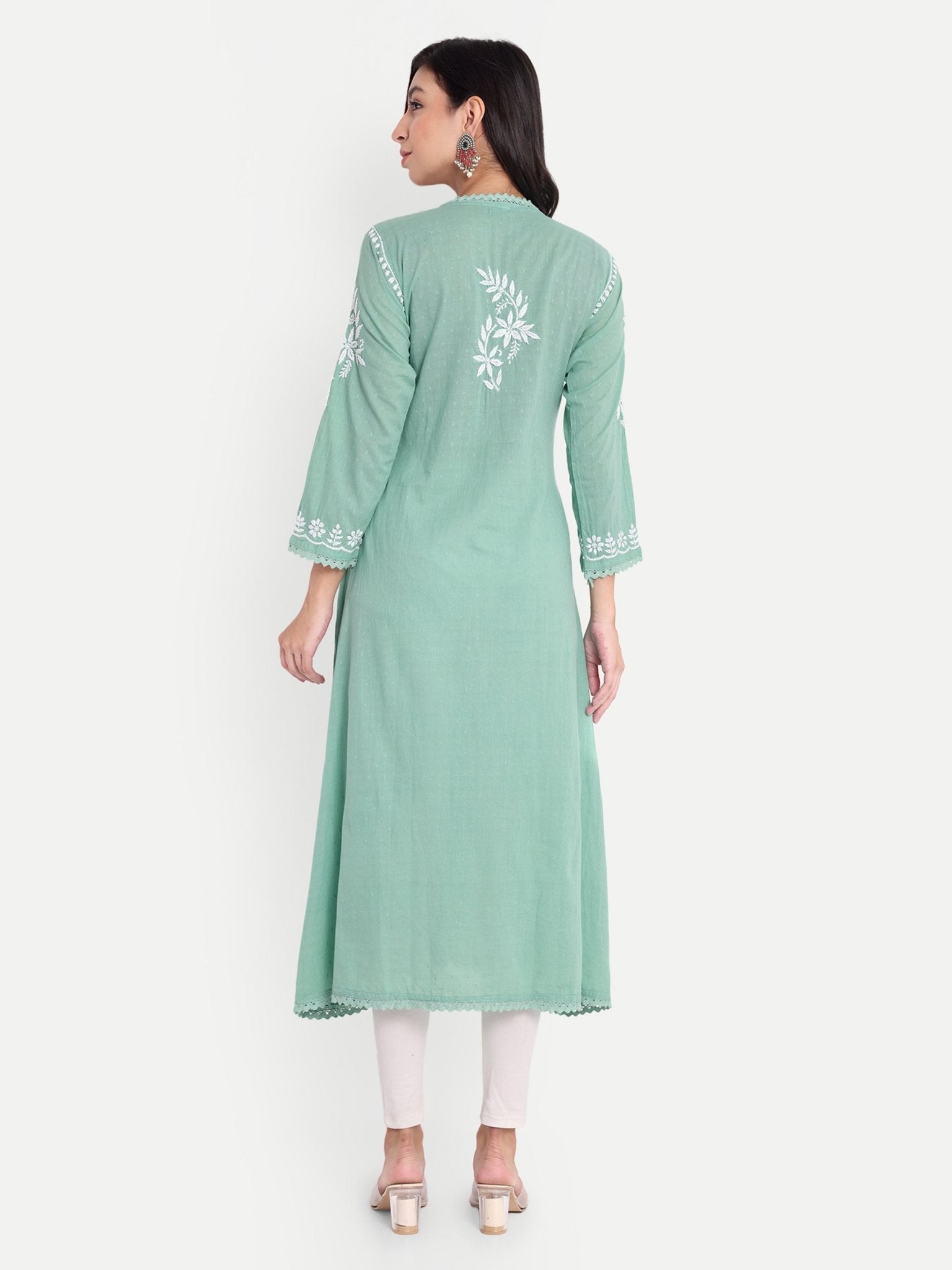 Lucknow Chikankari Hand Embroidered Kurta Sri Rambooti Cotton - Indiankala4u