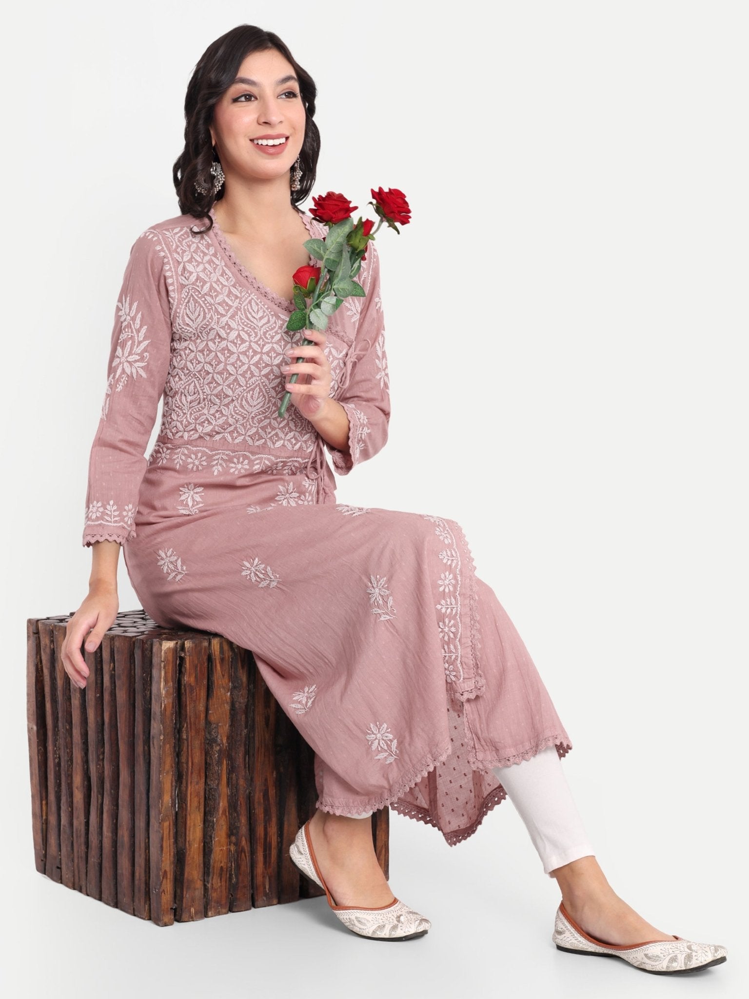 Lucknow Chikankari Hand Embroidered Kurta Sri Rambooti Cotton - Indiankala4u