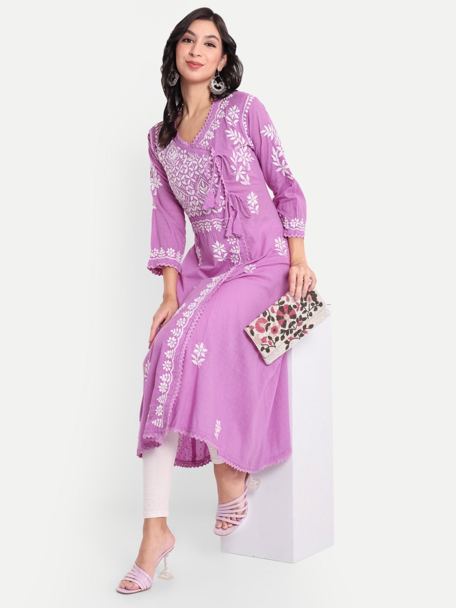 Lucknow Chikankari Hand Embroidered Kurta Sri Rambooti Cotton - Indiankala4u