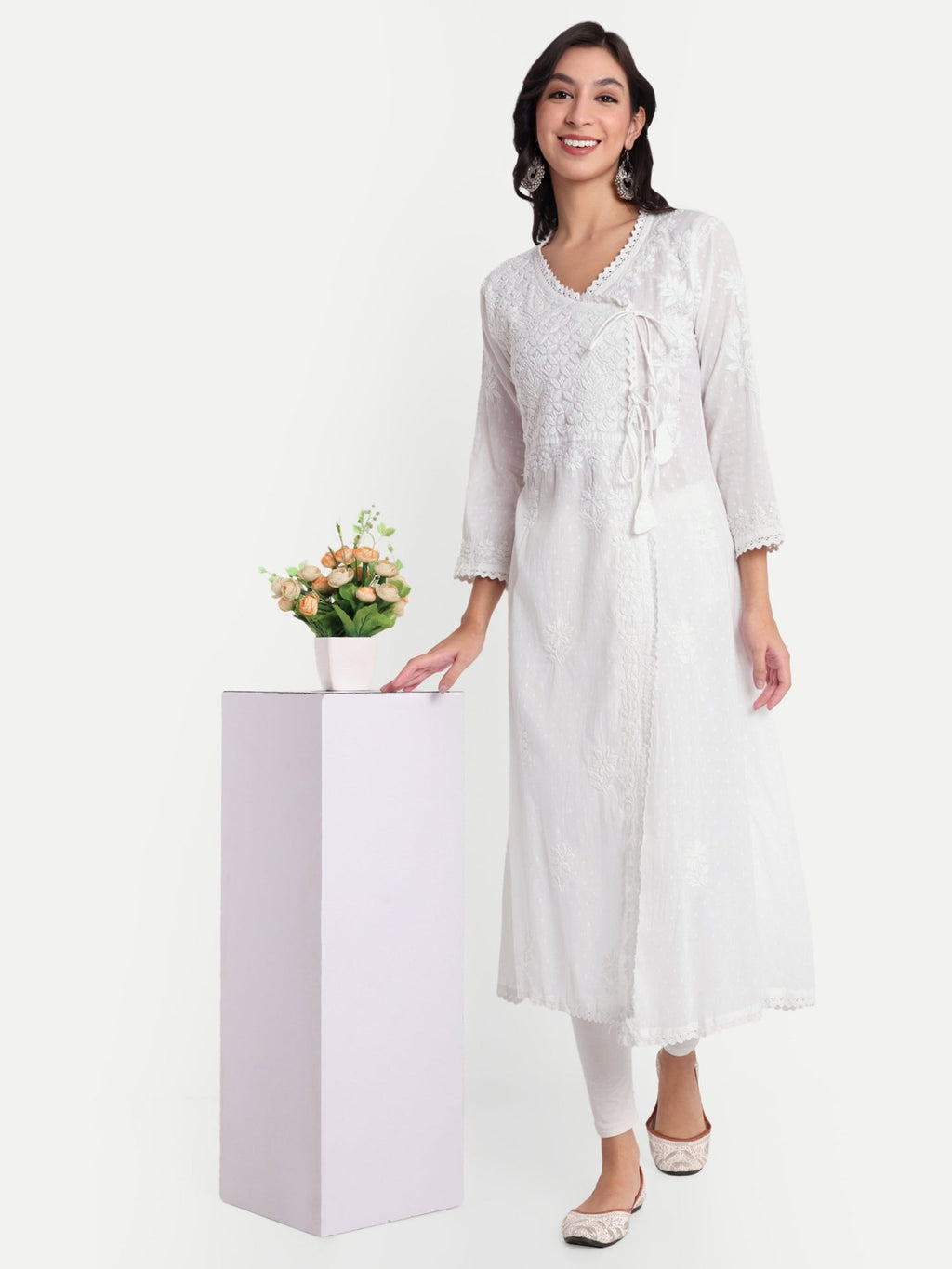 Lucknow Chikankari Hand Embroidered Kurta Sri Rambooti Cotton - Indiankala4u