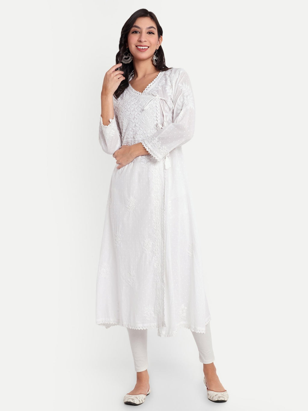 Lucknow Chikankari Hand Embroidered Kurta Sri Rambooti Cotton - Indiankala4u