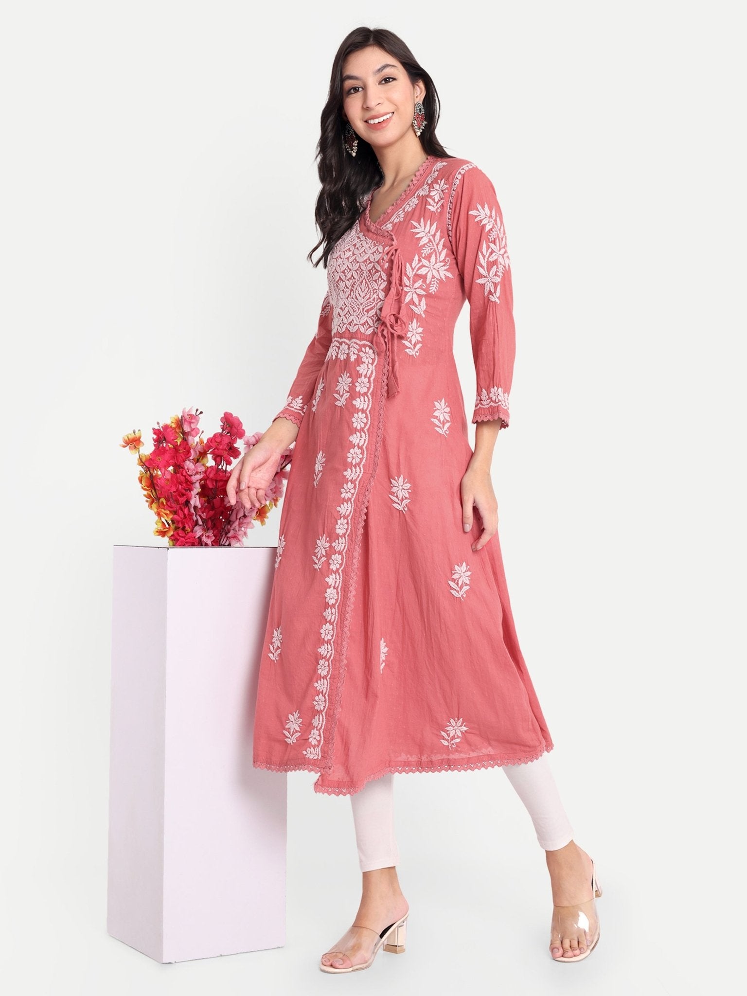 Lucknow Chikankari Hand Embroidered Kurta Sri Rambooti Cotton - Indiankala4u