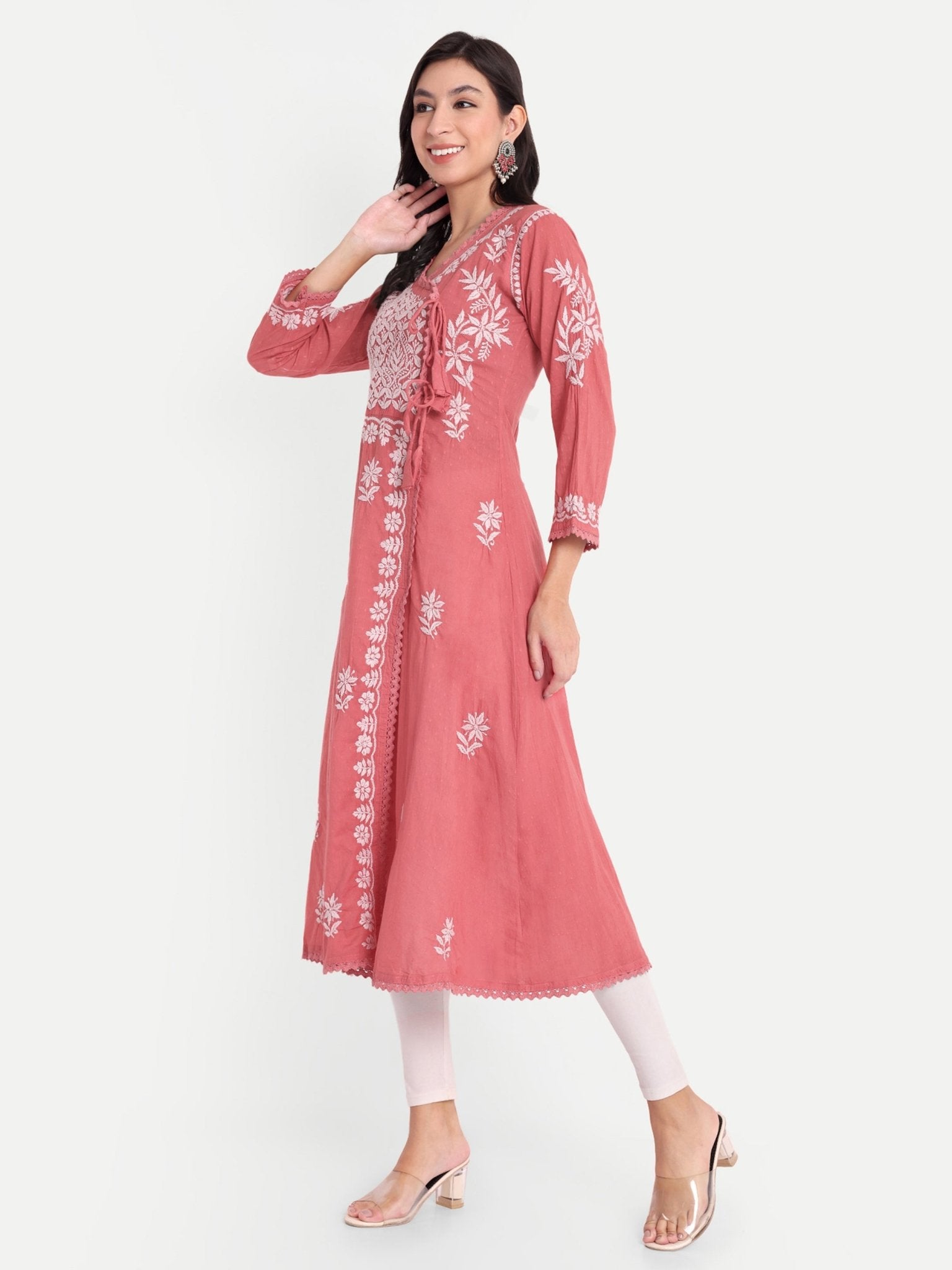 Lucknow Chikankari Hand Embroidered Kurta Sri Rambooti Cotton - Indiankala4u