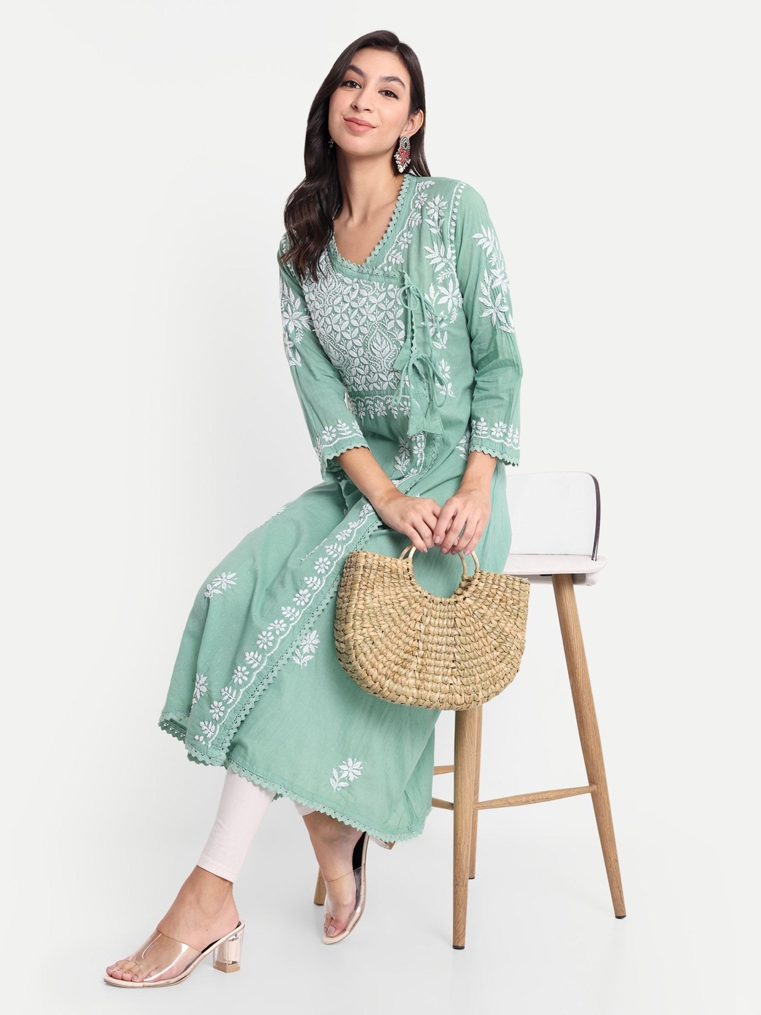 Lucknow Chikankari Hand Embroidered Kurta Sri Rambooti Cotton - Indiankala4u