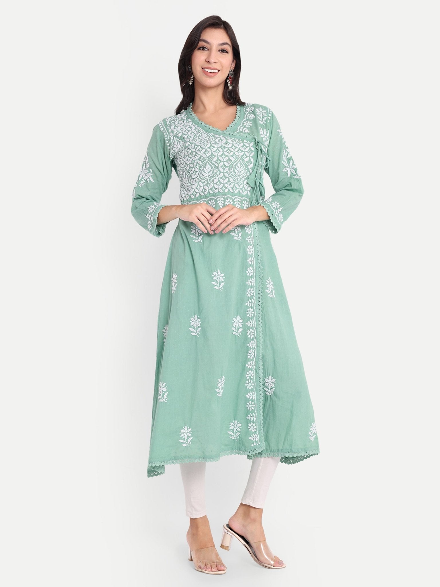 Lucknow Chikankari Hand Embroidered Kurta Sri Rambooti Cotton - Indiankala4u