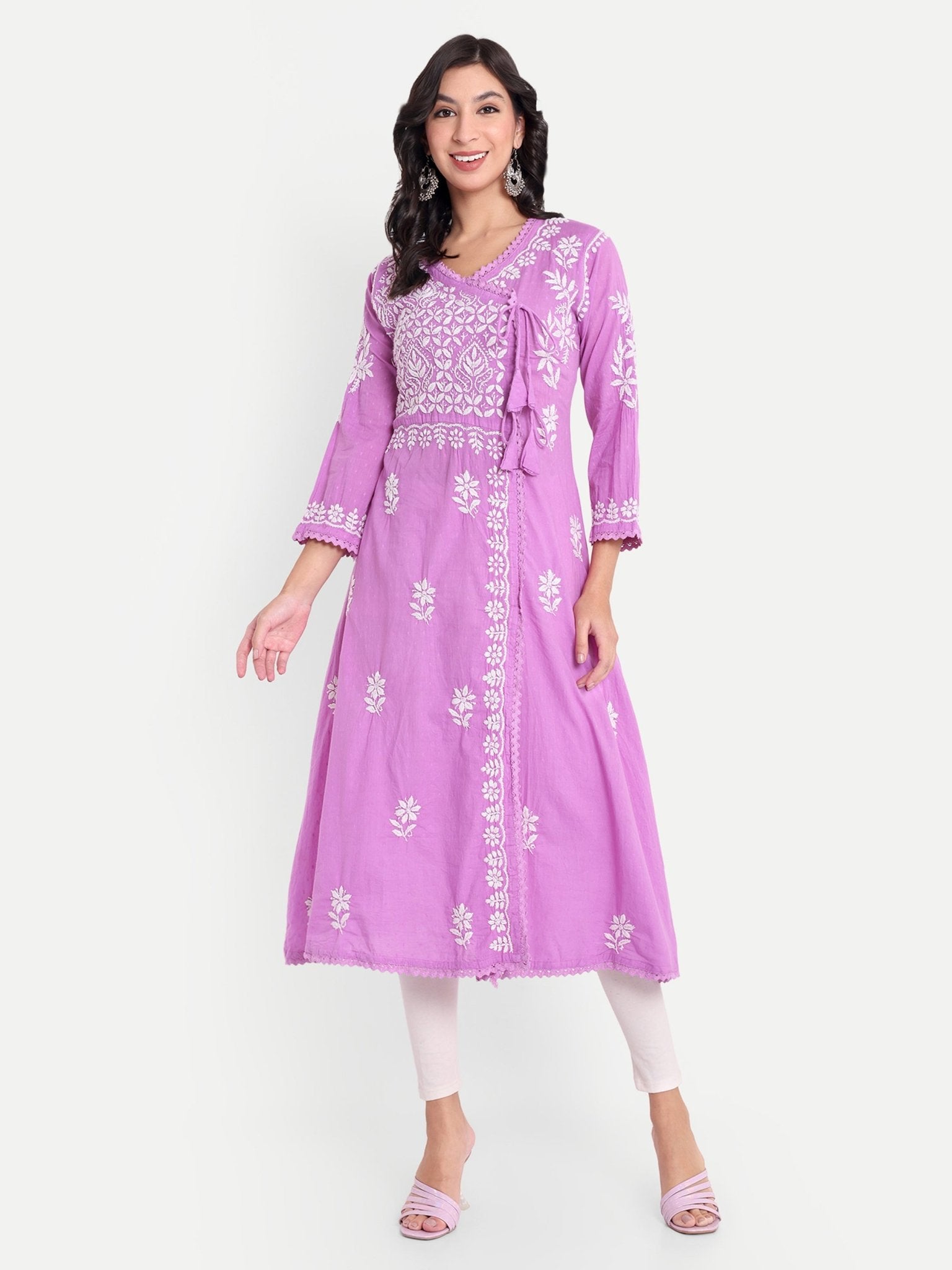 Lucknow Chikankari Hand Embroidered Kurta Sri Rambooti Cotton - Indiankala4u