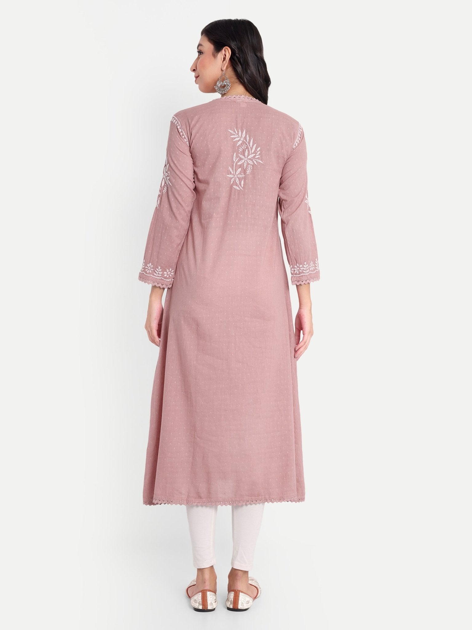 Lucknow Chikankari Hand Embroidered Kurta Sri Rambooti Cotton - Indiankala4u