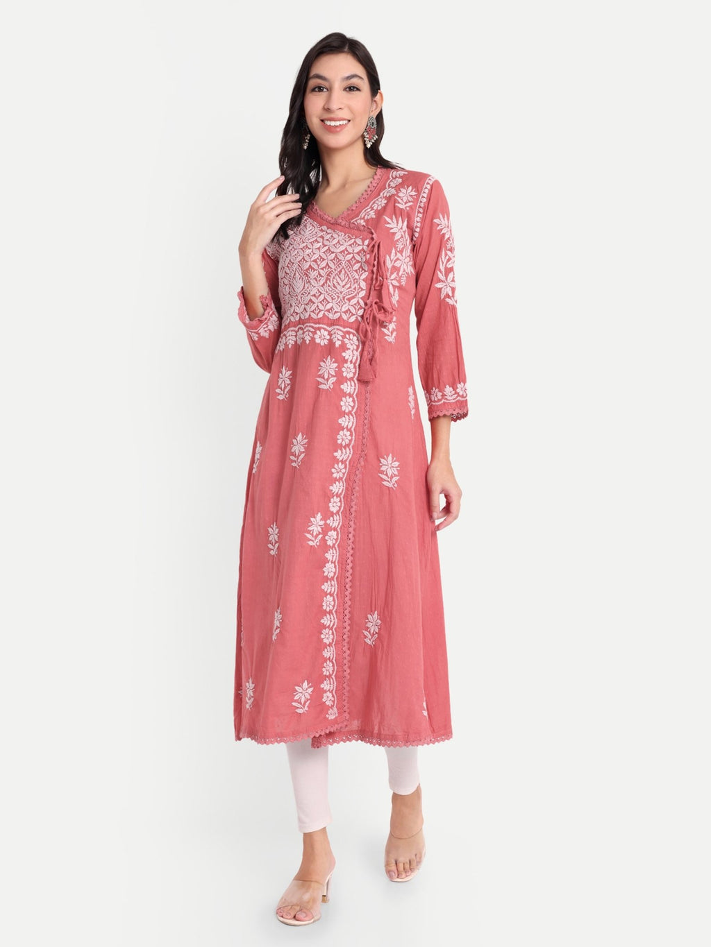 Lucknow Chikankari Hand Embroidered Kurta Sri Rambooti Cotton - Indiankala4u