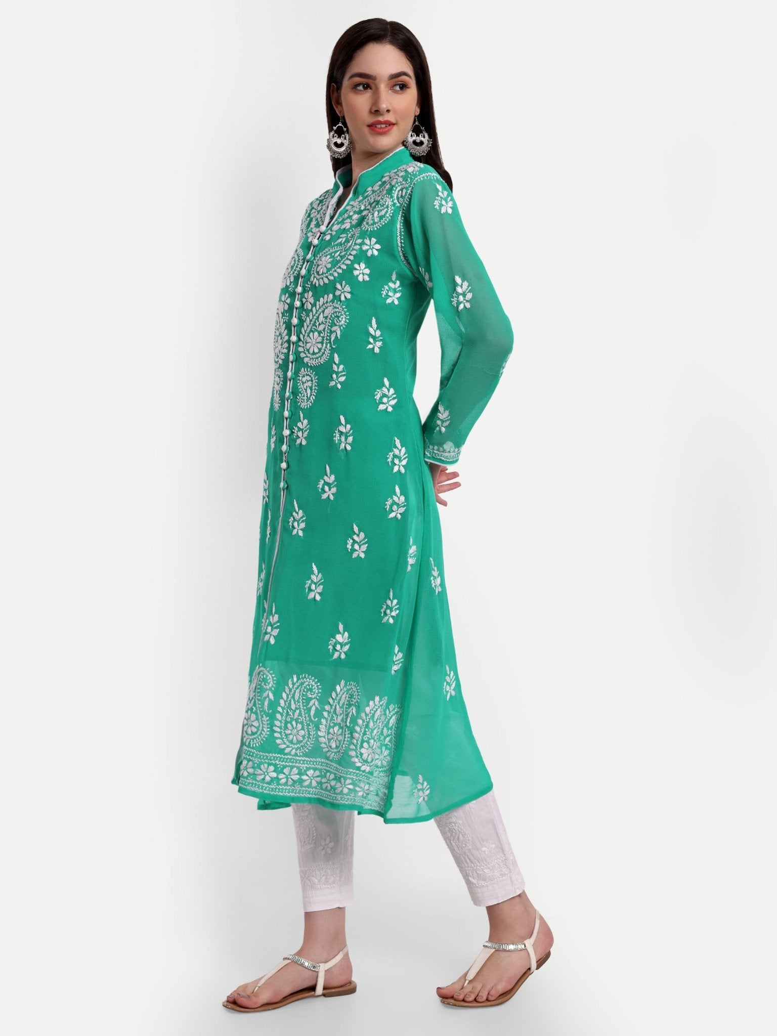 Lucknow Chikankari Hand Embroidered Kurta with Matching Inner, Georgette - Indiankala4u