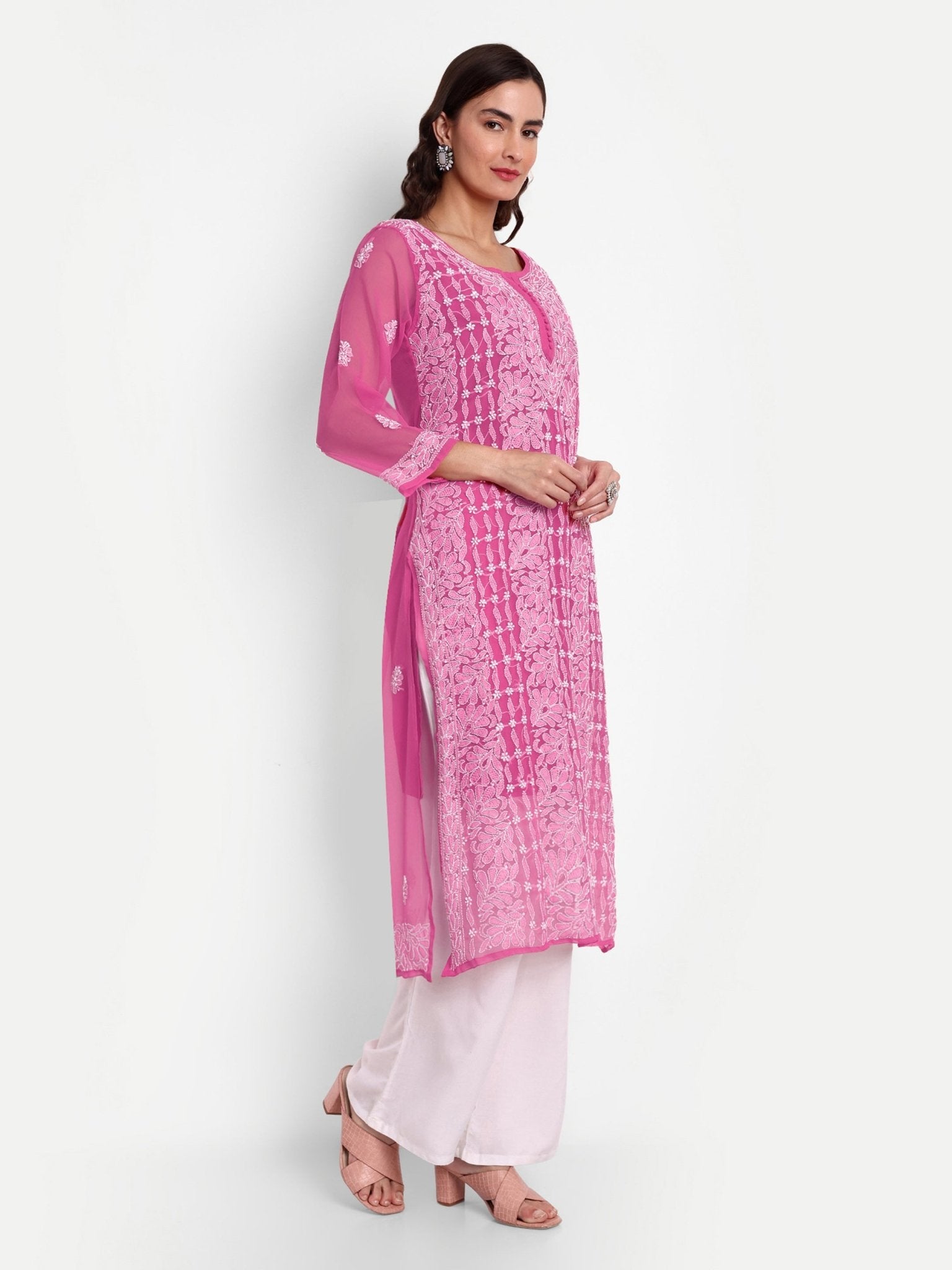 Lucknow Chikankari Hand Embroidered Kurta with Matching Inner, Georgette - Indiankala4u