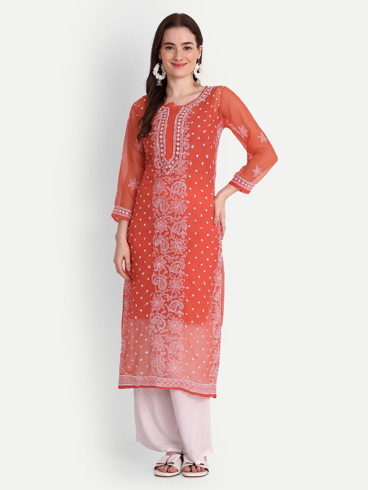 Lucknow Chikankari Hand Embroidered Kurta with Matching Inner, Georgette - Indiankala4u