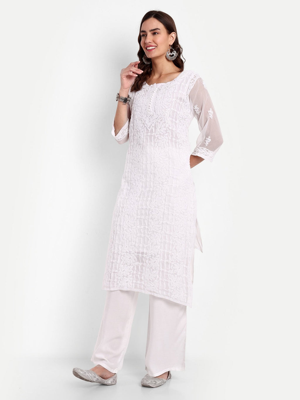 Lucknow Chikankari Hand Embroidered Kurta with Matching Inner, Georgette - Indiankala4u