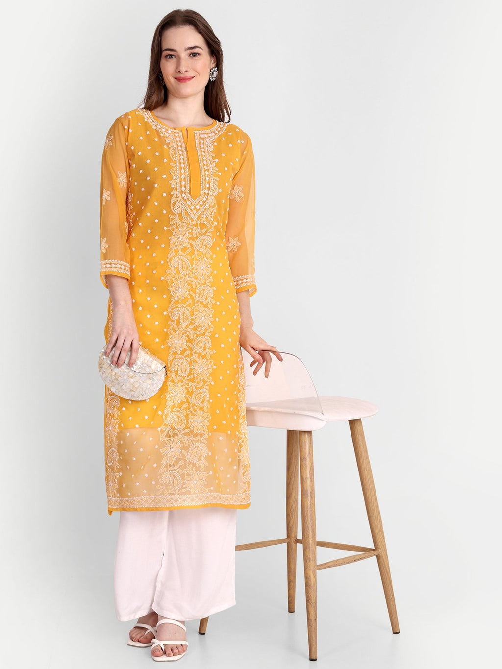 Lucknow Chikankari Hand Embroidered Kurta with Matching Inner, Georgette - Indiankala4u