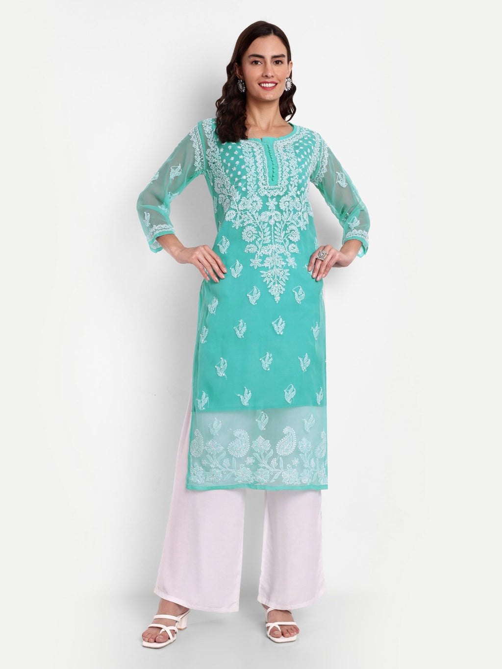 Lucknow Chikankari Hand Embroidered Kurta with Matching Inner, Georgette - Indiankala4u