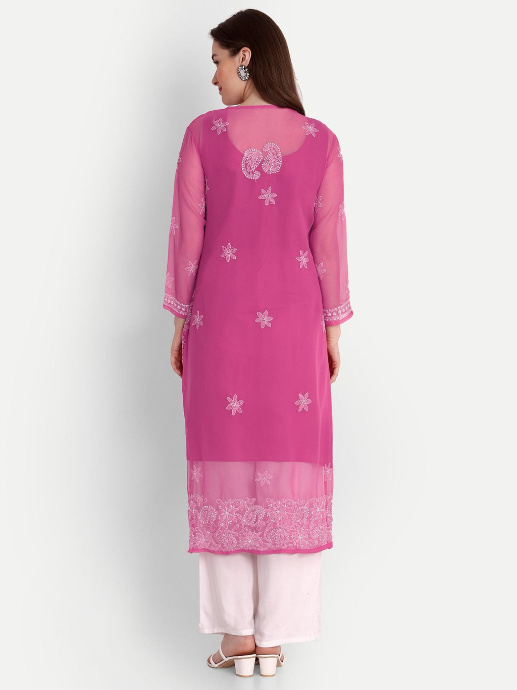 Lucknow Chikankari Hand Embroidered Kurta with Matching Inner, Georgette - Indiankala4u