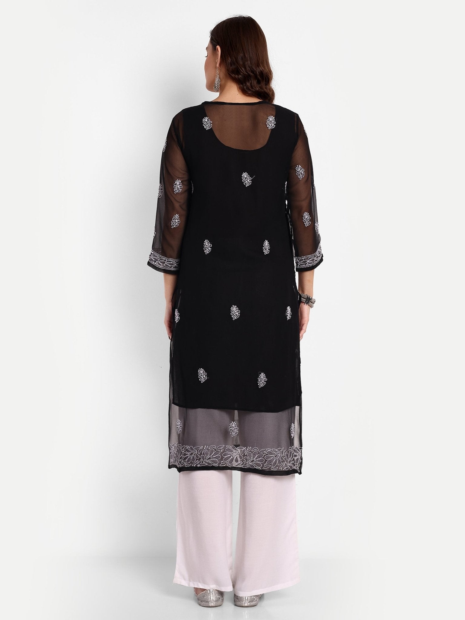 Lucknow Chikankari Hand Embroidered Kurta with Matching Inner, Georgette - Indiankala4u