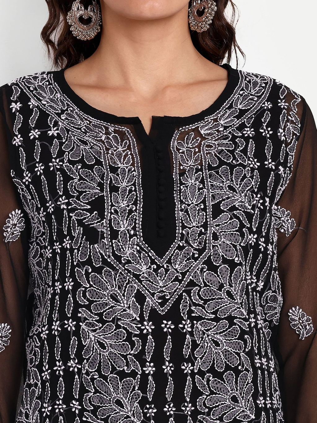 Lucknow Chikankari Hand Embroidered Kurta with Matching Inner, Georgette - Indiankala4u