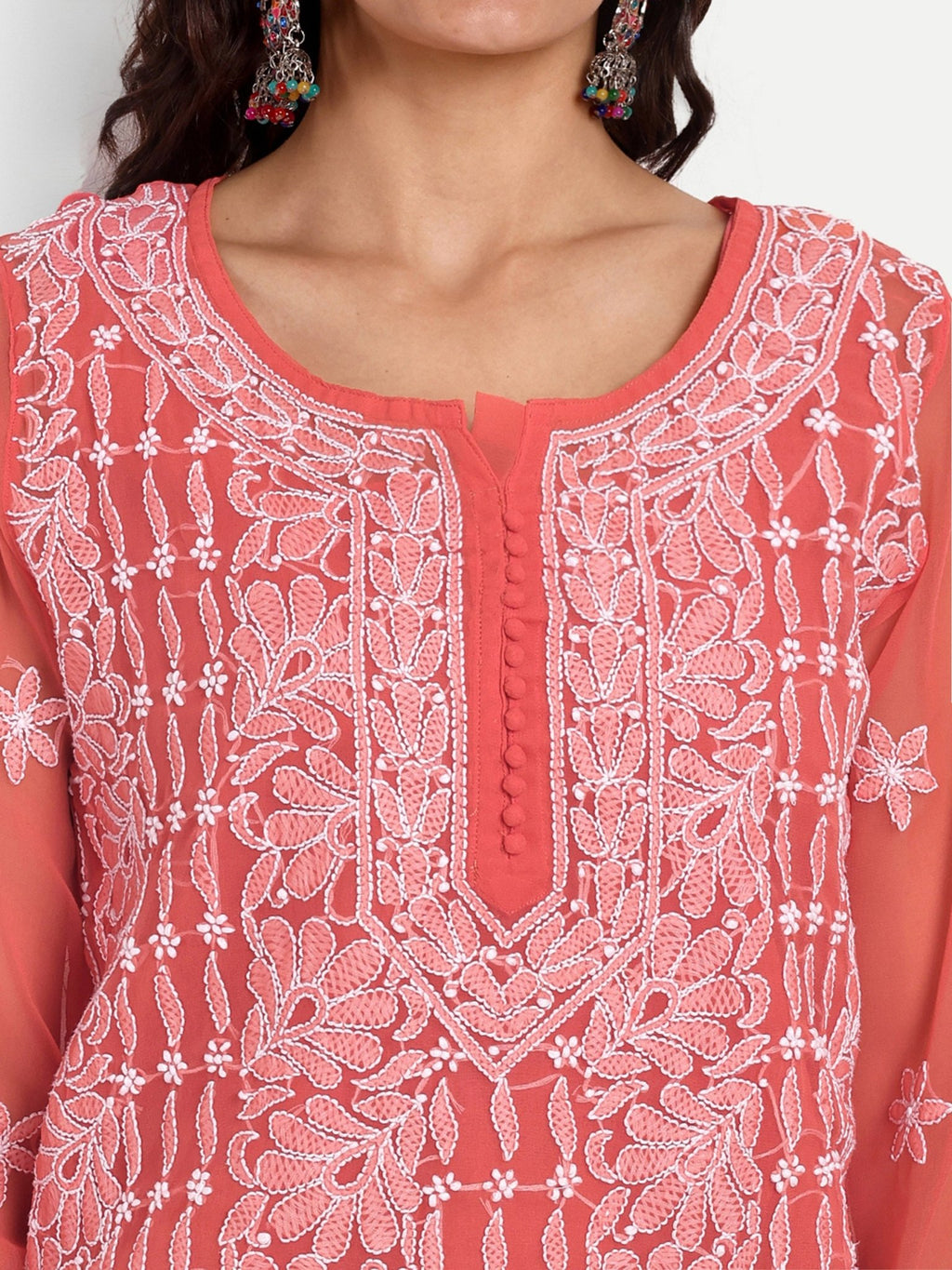 Lucknow Chikankari Hand Embroidered Kurta with Matching Inner, Georgette - Indiankala4u