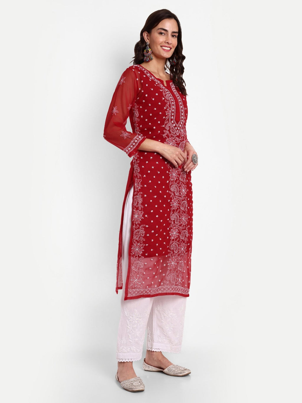 Lucknow Chikankari Hand Embroidered Kurta with Matching Inner, Georgette - Indiankala4u
