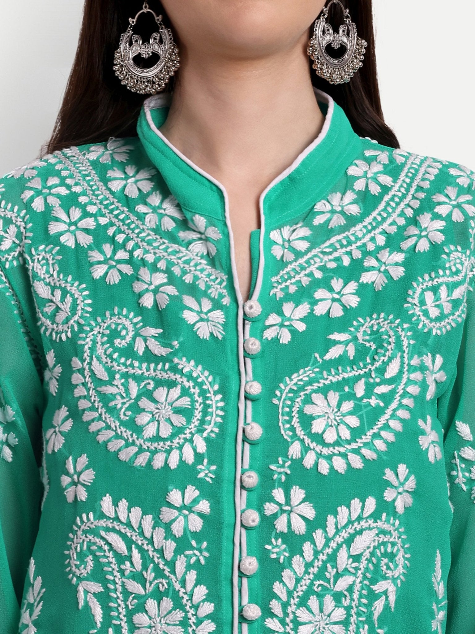 Lucknow Chikankari Hand Embroidered Kurta with Matching Inner, Georgette - Indiankala4u