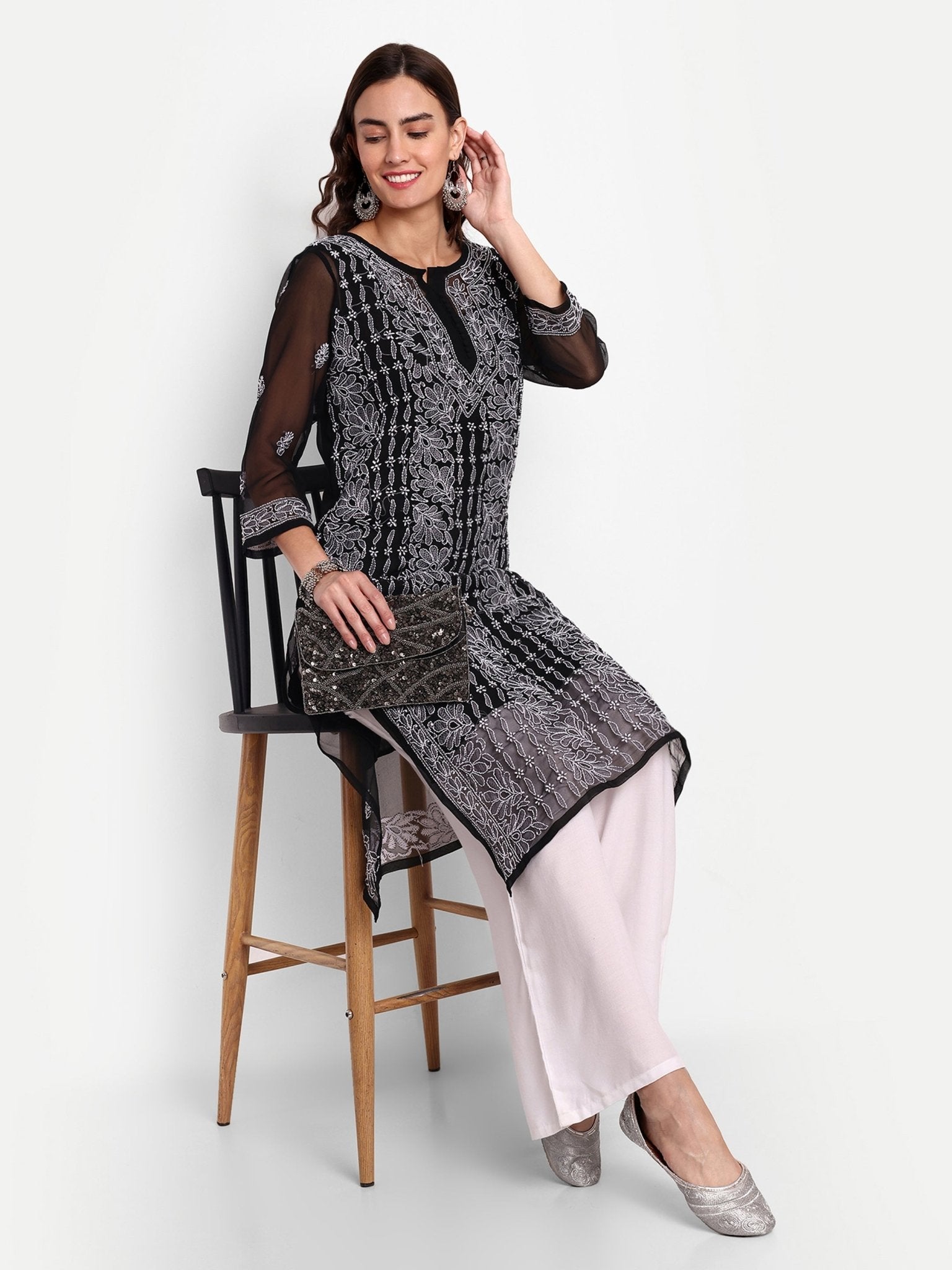 Lucknow Chikankari Hand Embroidered Kurta with Matching Inner, Georgette - Indiankala4u