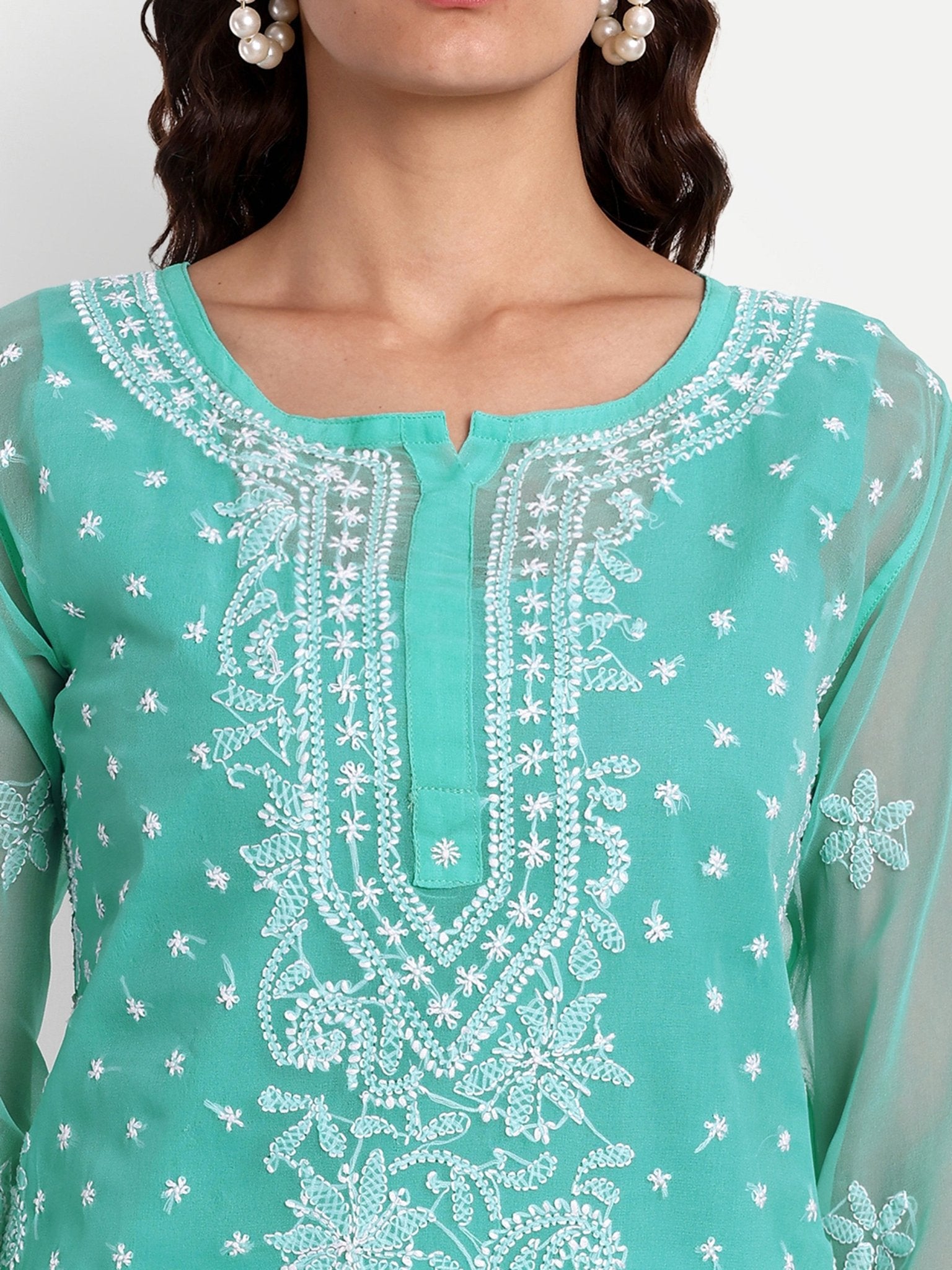 Lucknow Chikankari Hand Embroidered Kurta with Matching Inner, Georgette - Indiankala4u