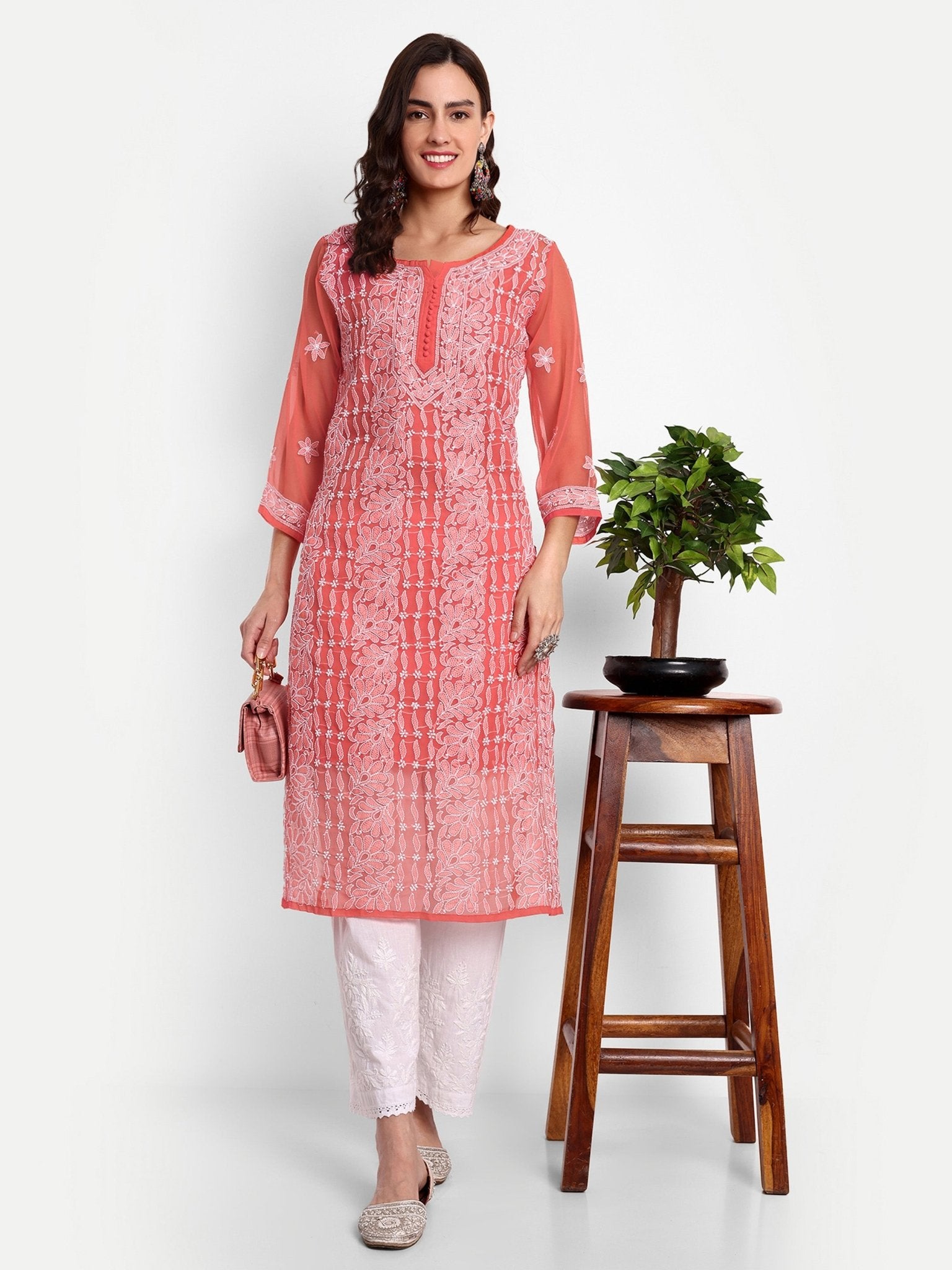 Lucknow Chikankari Hand Embroidered Kurta with Matching Inner, Georgette - Indiankala4u