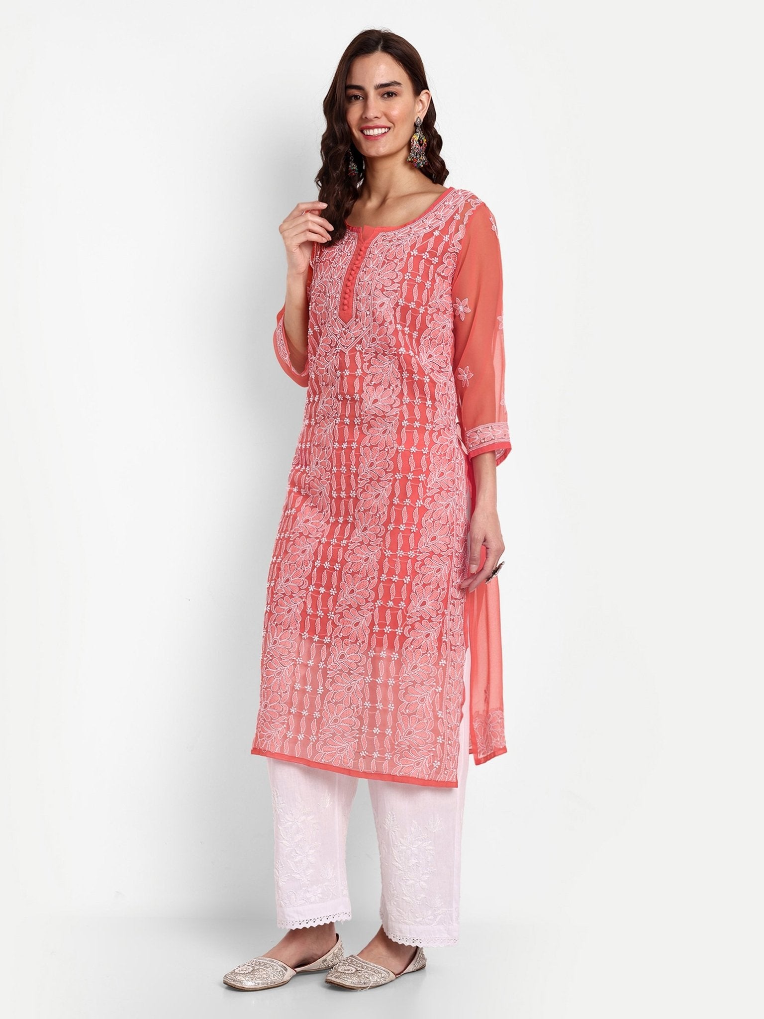 Lucknow Chikankari Hand Embroidered Kurta with Matching Inner, Georgette - Indiankala4u