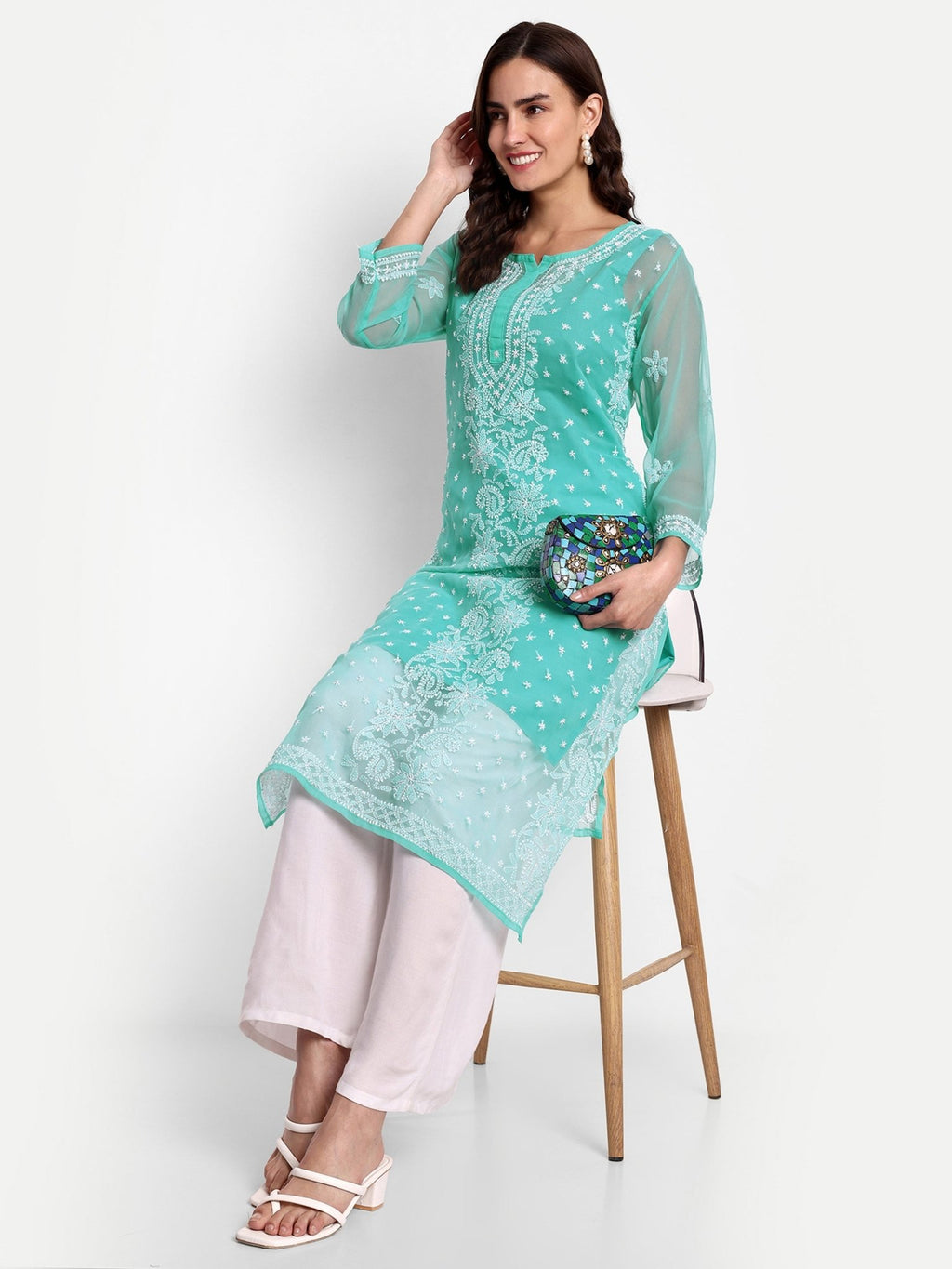 Lucknow Chikankari Hand Embroidered Kurta with Matching Inner, Georgette - Indiankala4u