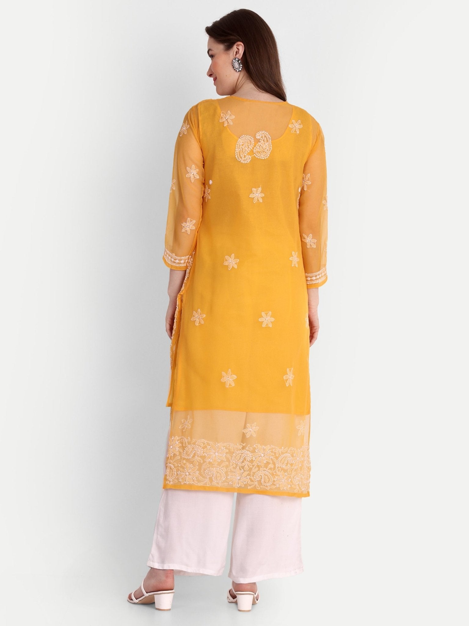 Lucknow Chikankari Hand Embroidered Kurta with Matching Inner, Georgette - Indiankala4u