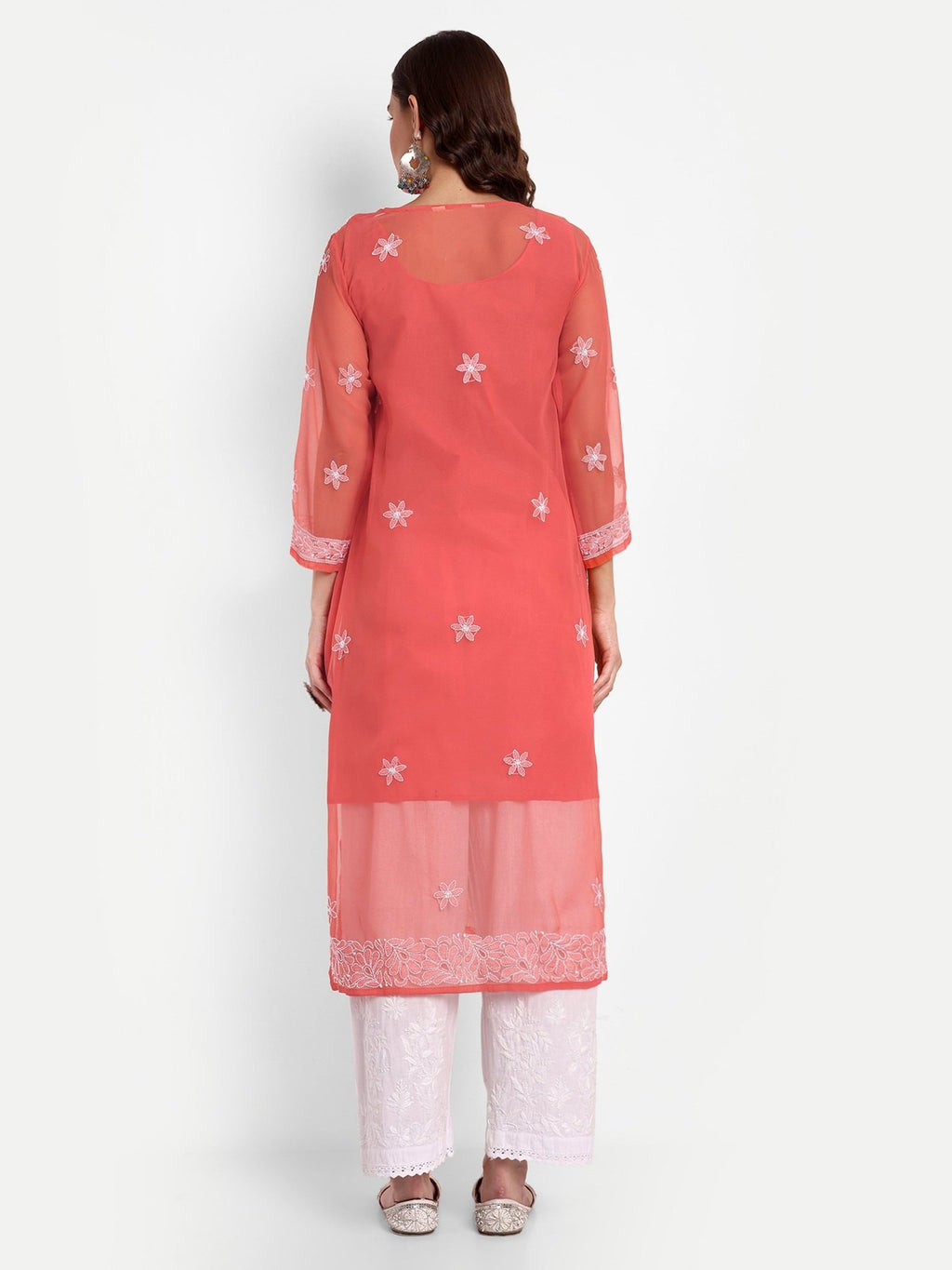Lucknow Chikankari Hand Embroidered Kurta with Matching Inner, Georgette - Indiankala4u