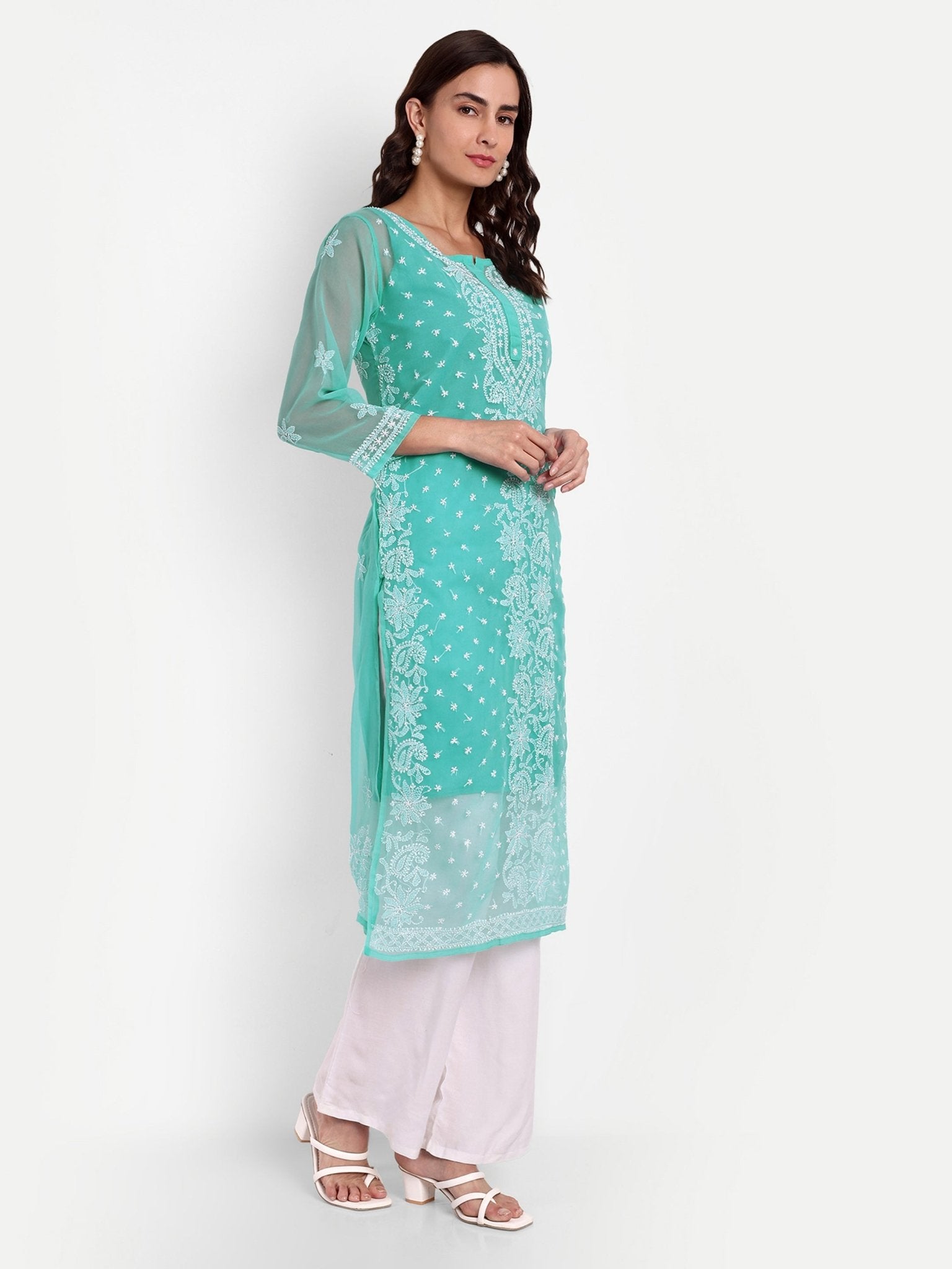 Lucknow Chikankari Hand Embroidered Kurta with Matching Inner, Georgette - Indiankala4u