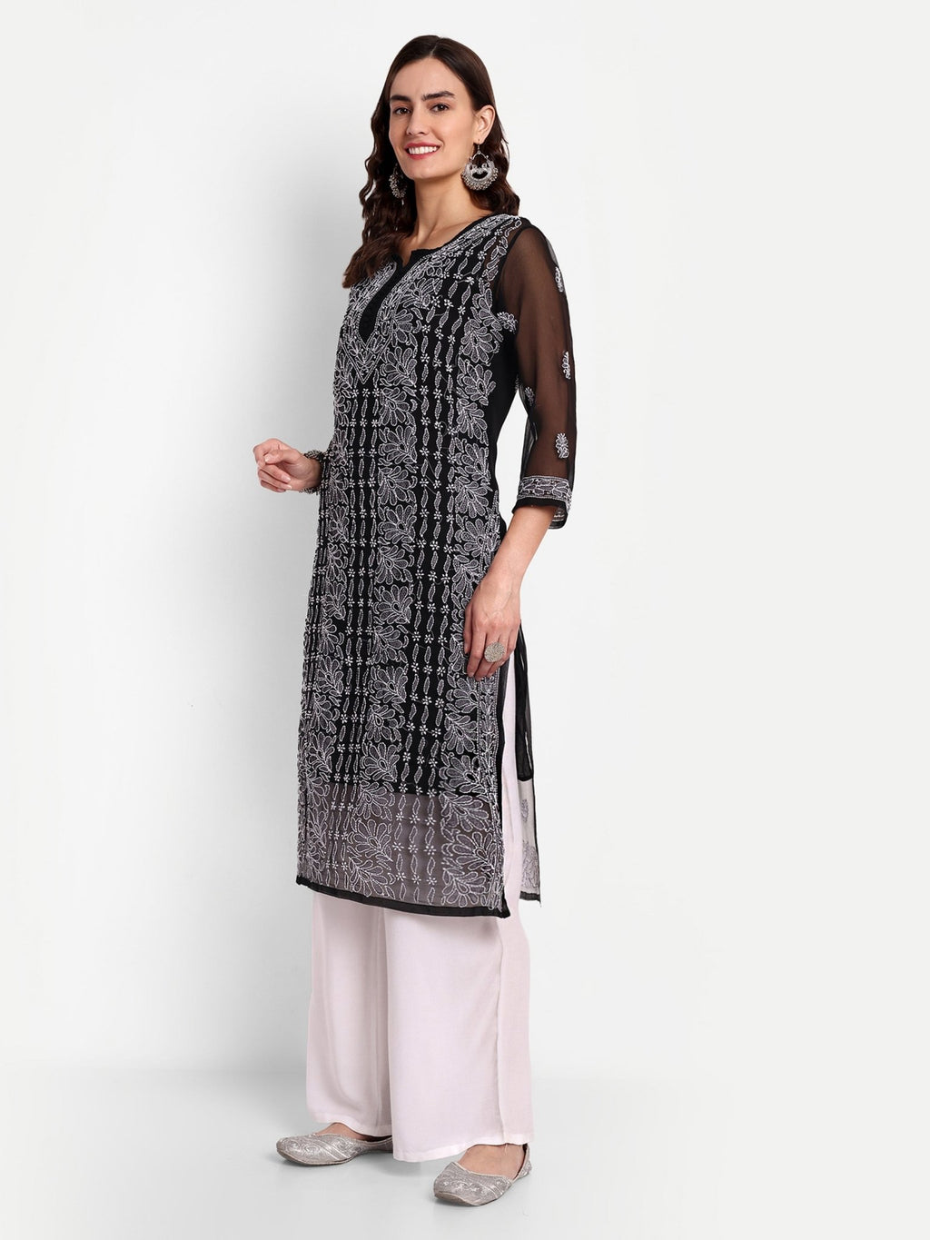 Lucknow Chikankari Hand Embroidered Kurta with Matching Inner, Georgette - Indiankala4u