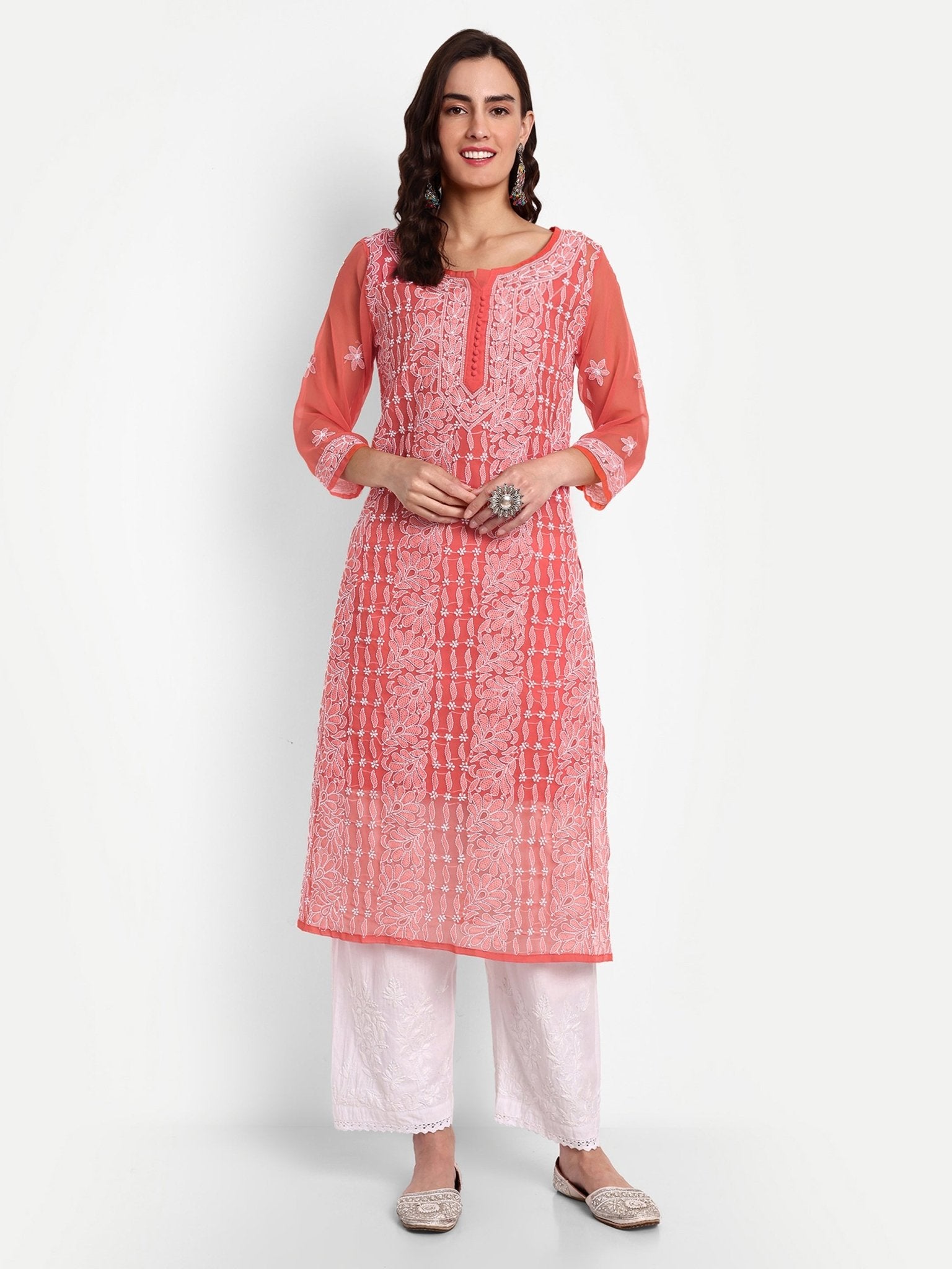 Lucknow Chikankari Hand Embroidered Kurta with Matching Inner, Georgette - Indiankala4u