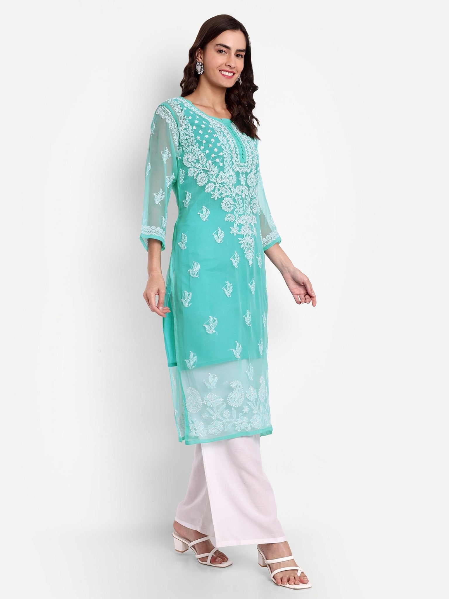 Lucknow Chikankari Hand Embroidered Kurta with Matching Inner, Georgette - Indiankala4u