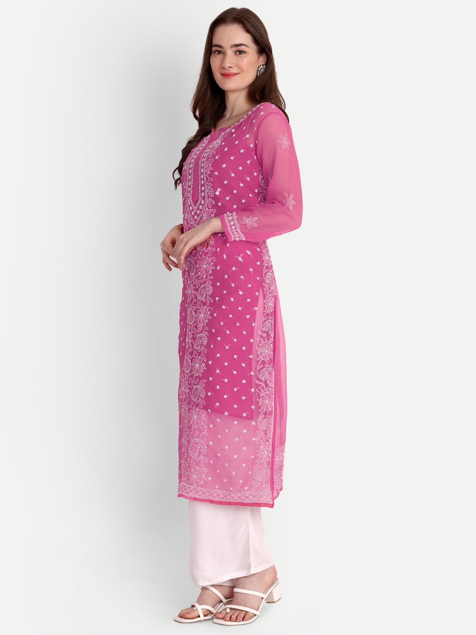 Lucknow Chikankari Hand Embroidered Kurta with Matching Inner, Georgette - Indiankala4u