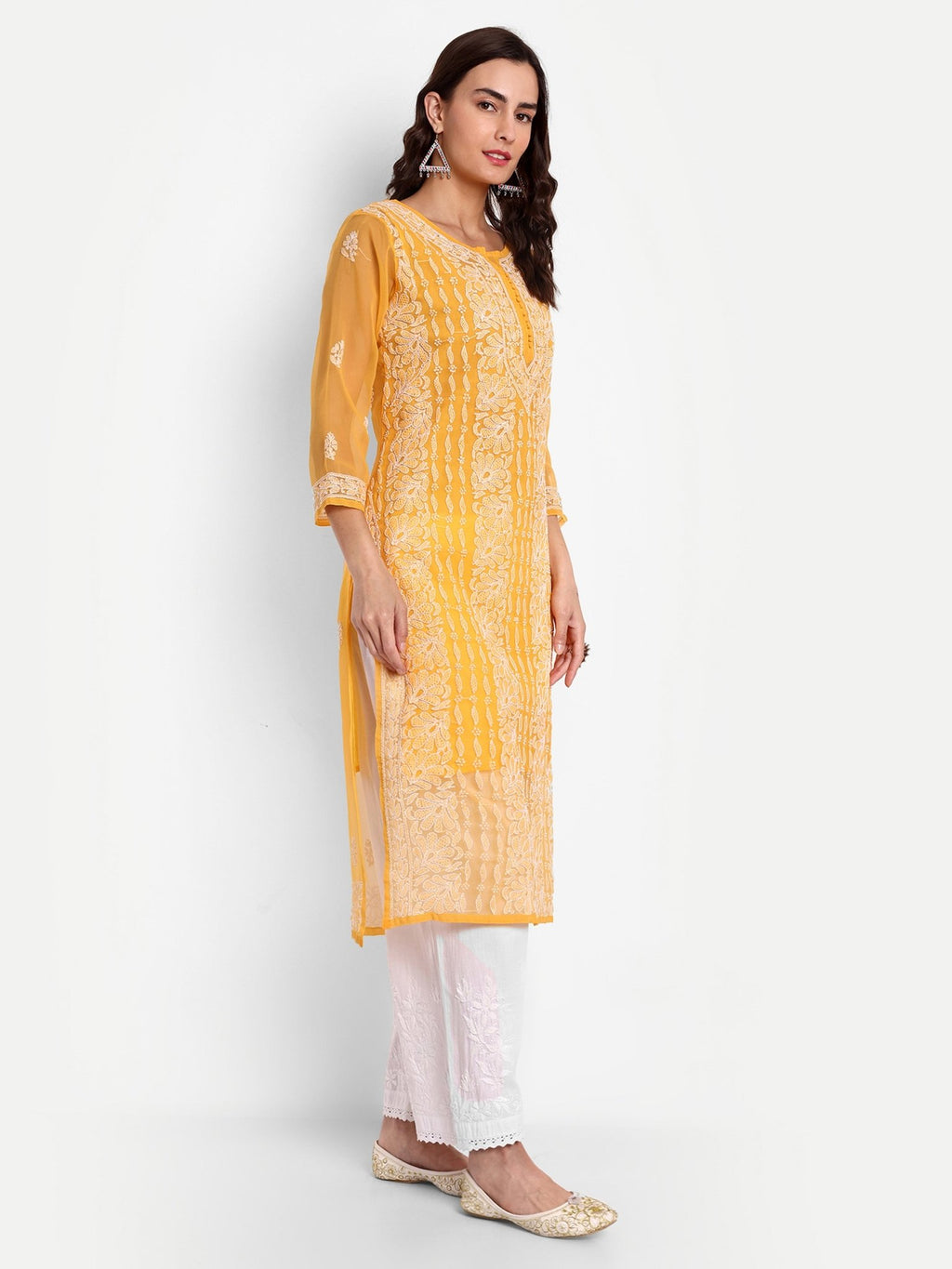 Lucknow Chikankari Hand Embroidered Kurta with Matching Inner, Georgette - Indiankala4u