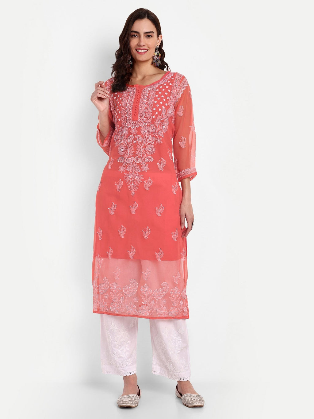 Lucknow Chikankari Hand Embroidered Kurta with Matching Inner, Georgette - Indiankala4u